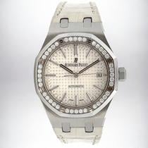 Royal Oak 37mm in Steel with Diamond Bezel on White Leather Strap with Silver Dial