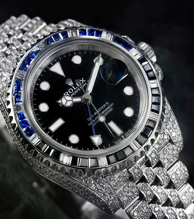 GMT-Master II "Batgirl" – Custom Diamond-Set with Blue/Black Gemstone bezel Iced Out