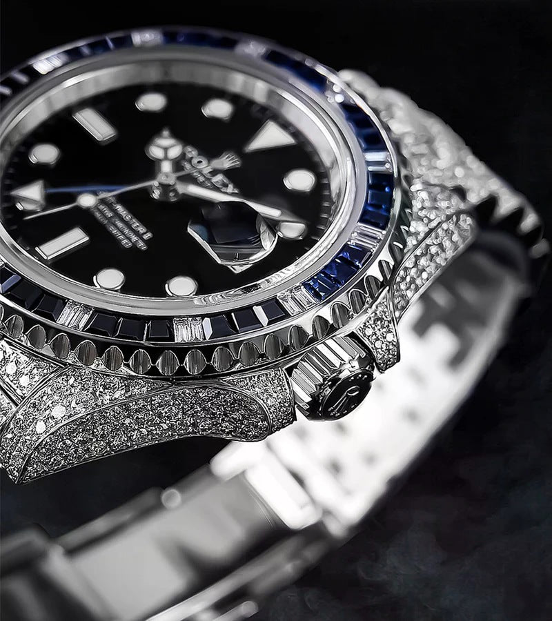 GMT-Master II "Batgirl" – Custom Diamond-Set with Blue/Black Gemstone bezel Iced Out