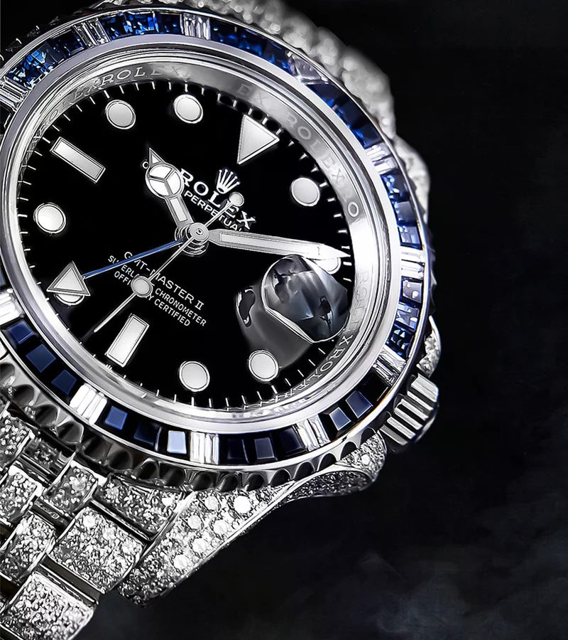 GMT-Master II "Batgirl" – Custom Diamond-Set with Blue/Black Gemstone bezel Iced Out