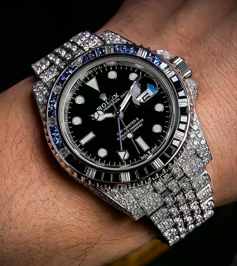 GMT-Master II "Batgirl" – Custom Diamond-Set with Blue/Black Gemstone bezel Iced Out