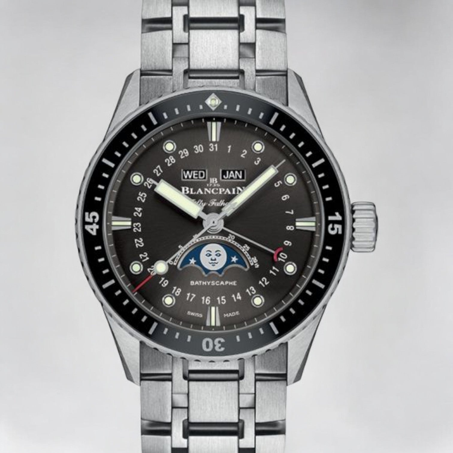 Fifty Fathoms Bathyscaphe Quantieme Complete Calendar Phases de Lune + Steel Bracelet