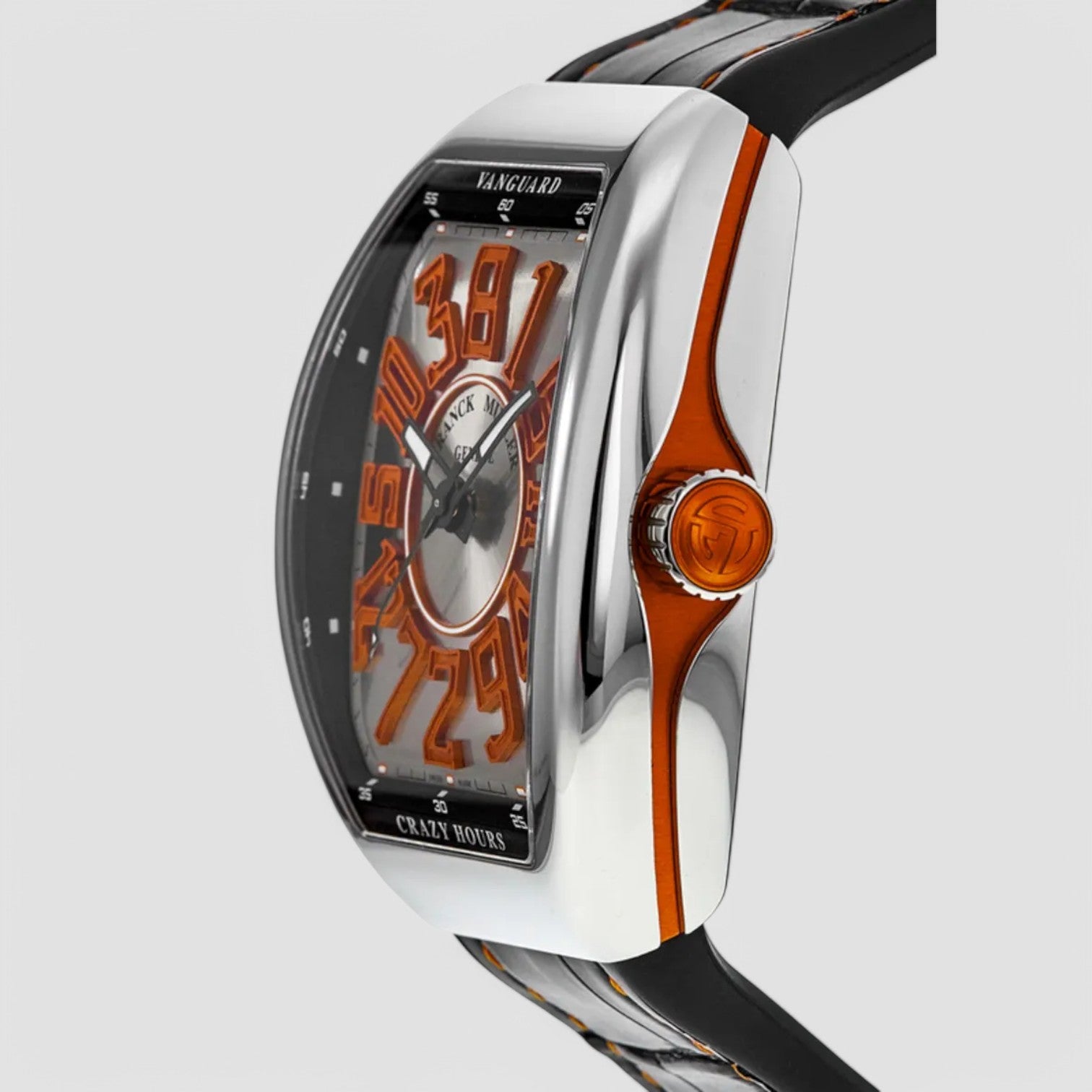 Vanguard Crazy Hours Silver Orange Dial Leather Strap Unisex Watch V 45 CH AC (OR)