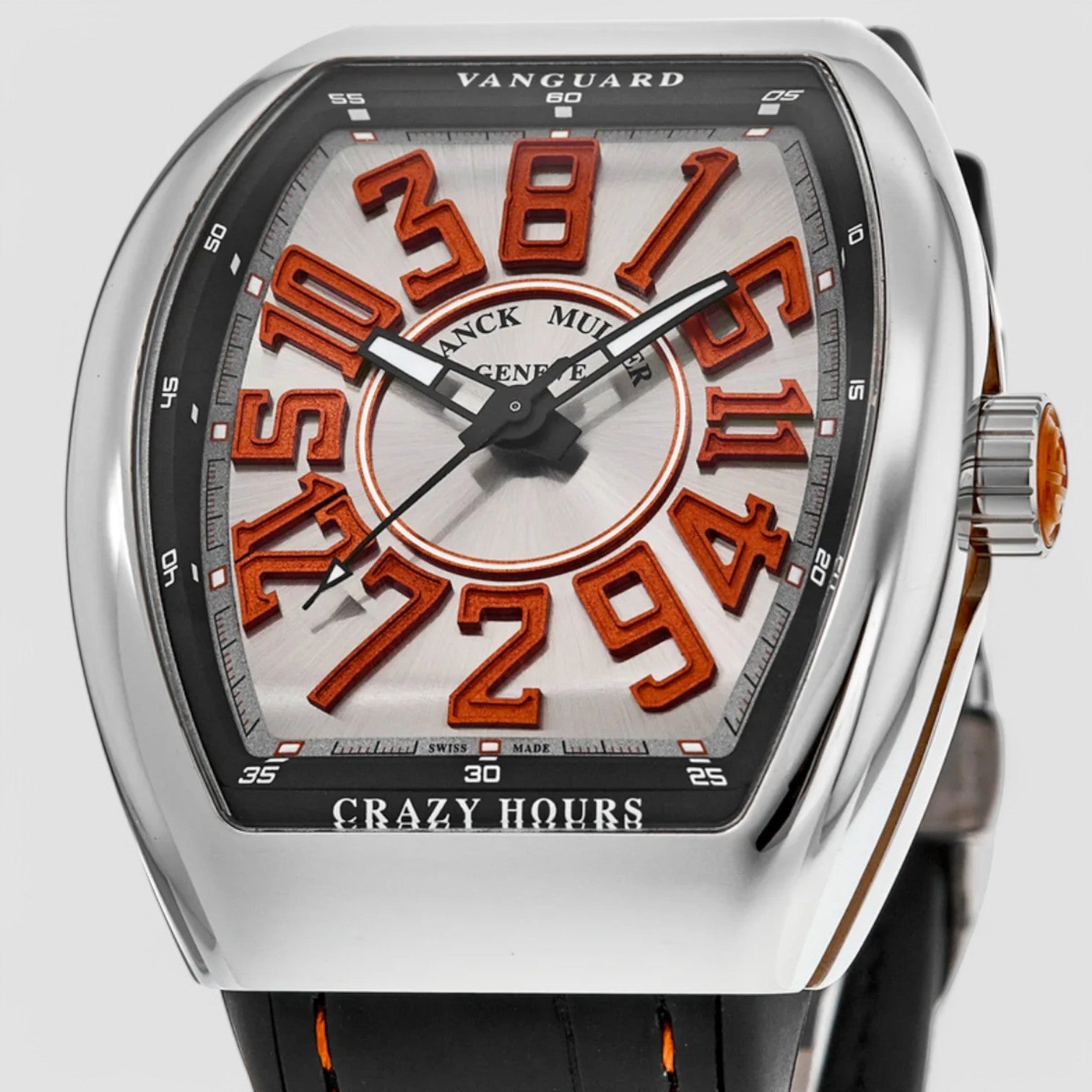 Vanguard Crazy Hours Silver Orange Dial Leather Strap Unisex Watch V 45 CH AC (OR)