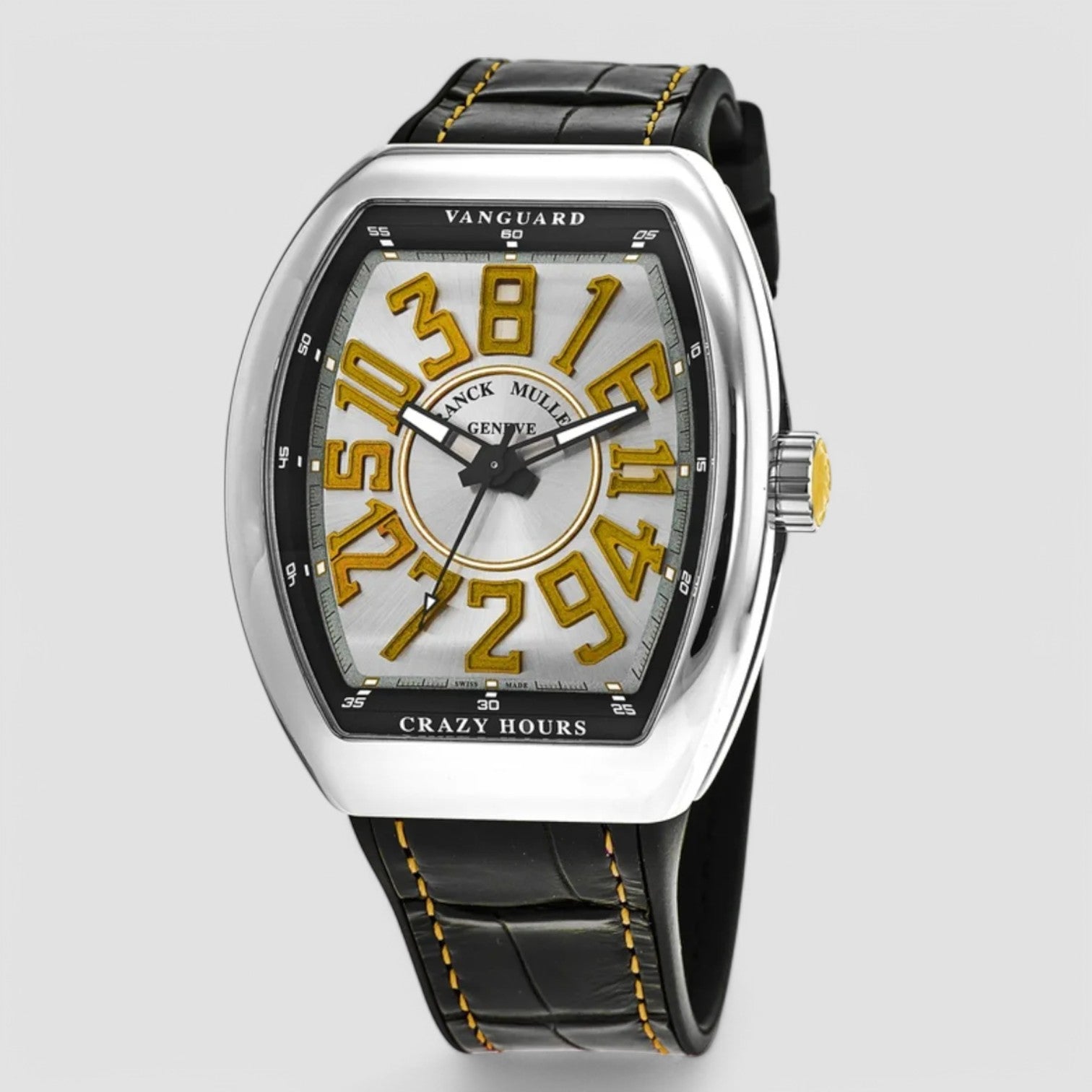 Vanguard Crazy Hours Silver Yellow Dial Leather Strap V 45 CH AC (JA)