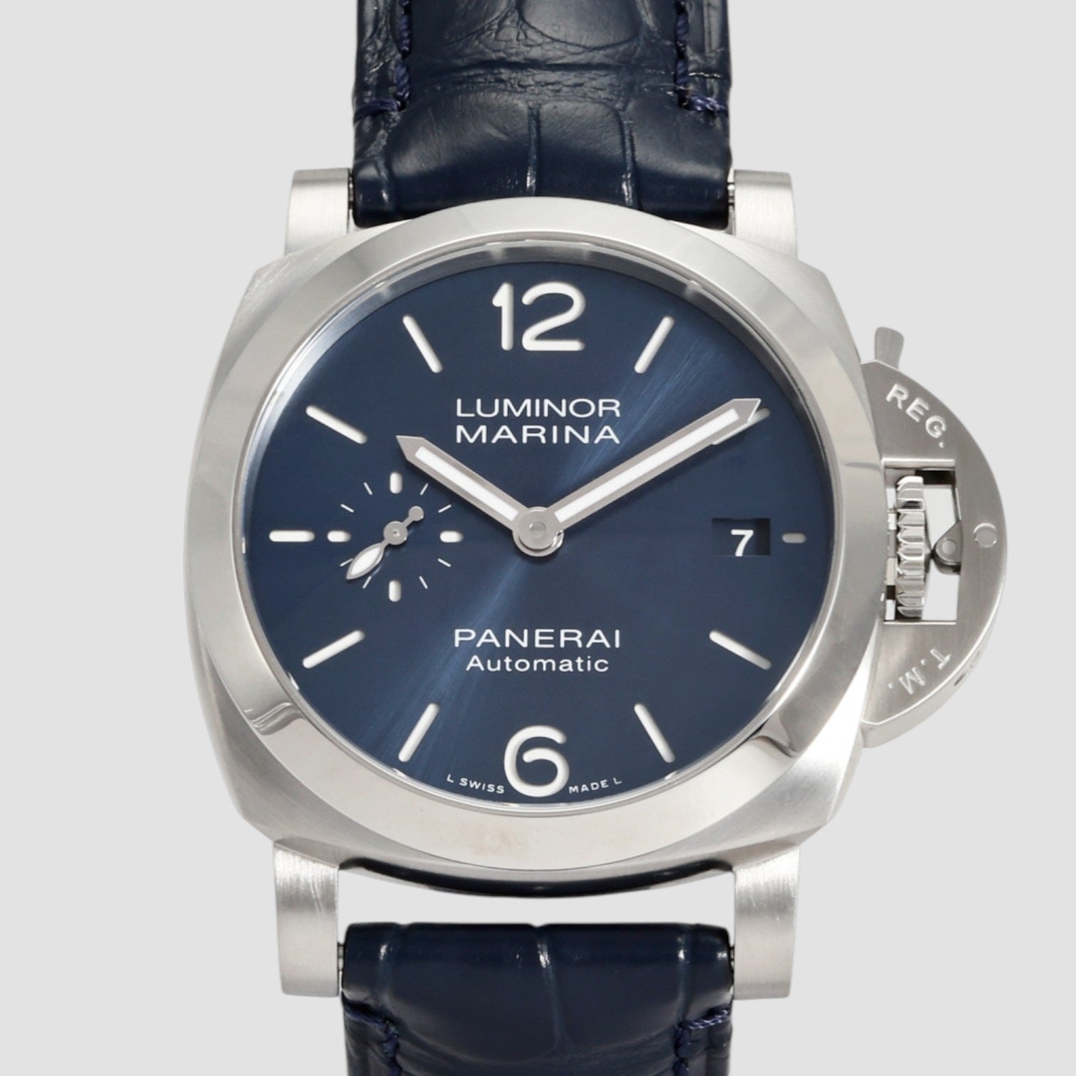 Panerai Luminor Marina watch with blue dial and leather strap on a light gray background
