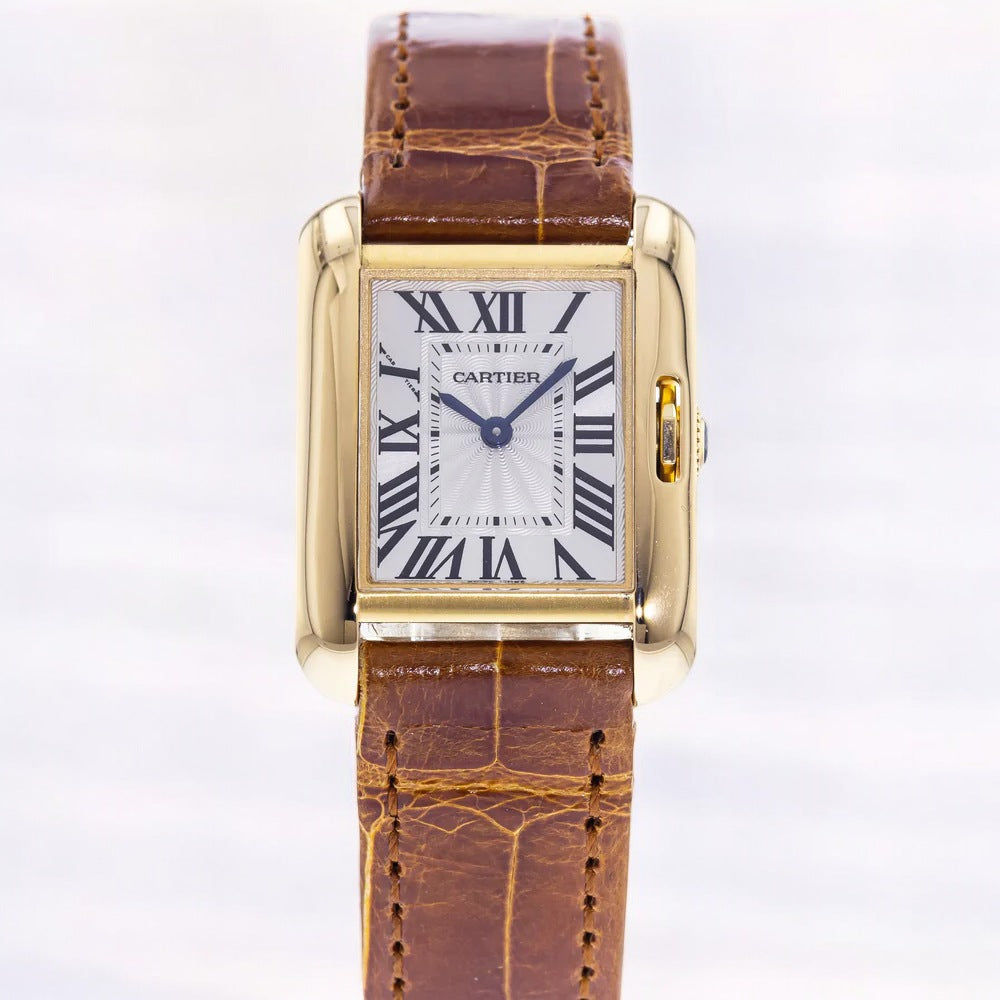 Tank Anglaise SM Watch - 30.2 mm Yellow Gold Case - Silvered Dial - Brown Alligator Strap