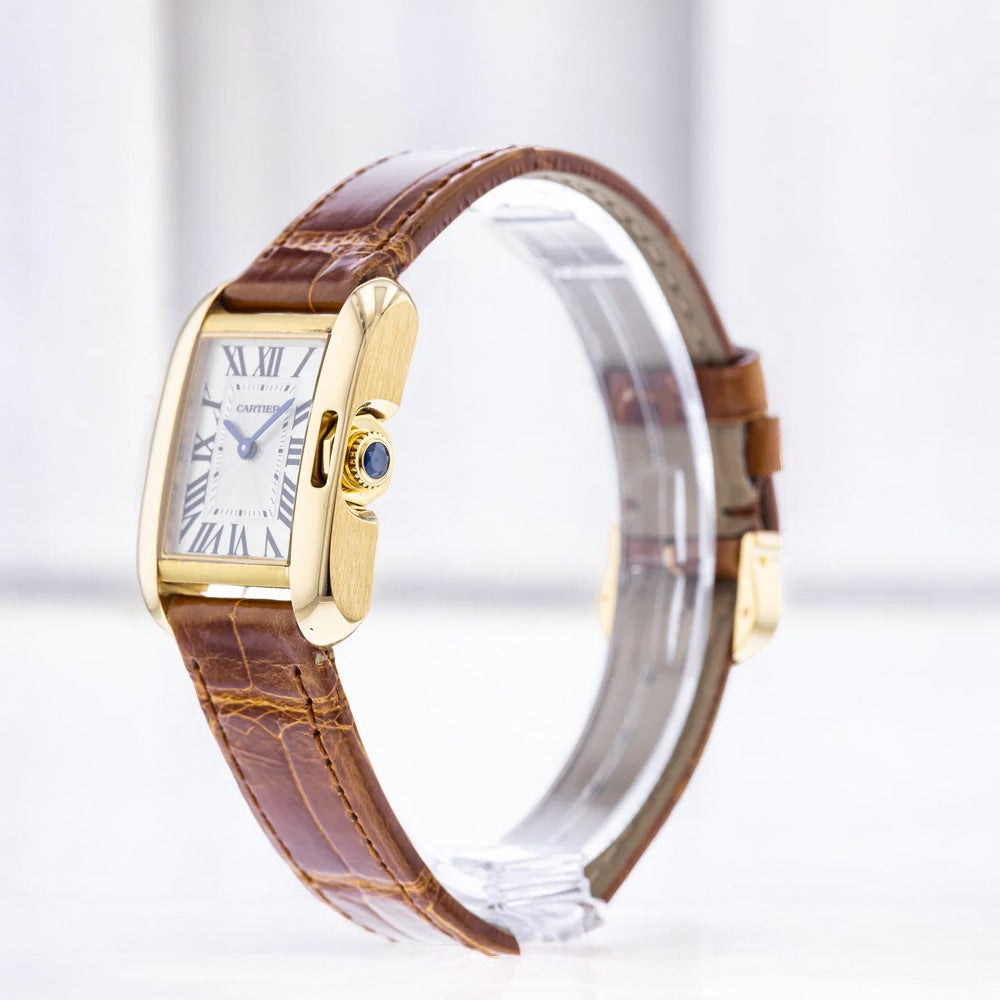 Tank Anglaise SM Watch - 30.2 mm Yellow Gold Case - Silvered Dial - Brown Alligator Strap