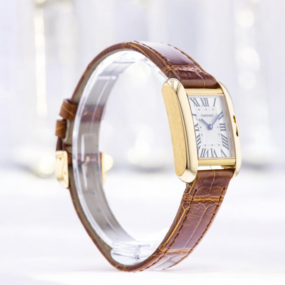 Tank Anglaise SM Watch - 30.2 mm Yellow Gold Case - Silvered Dial - Brown Alligator Strap