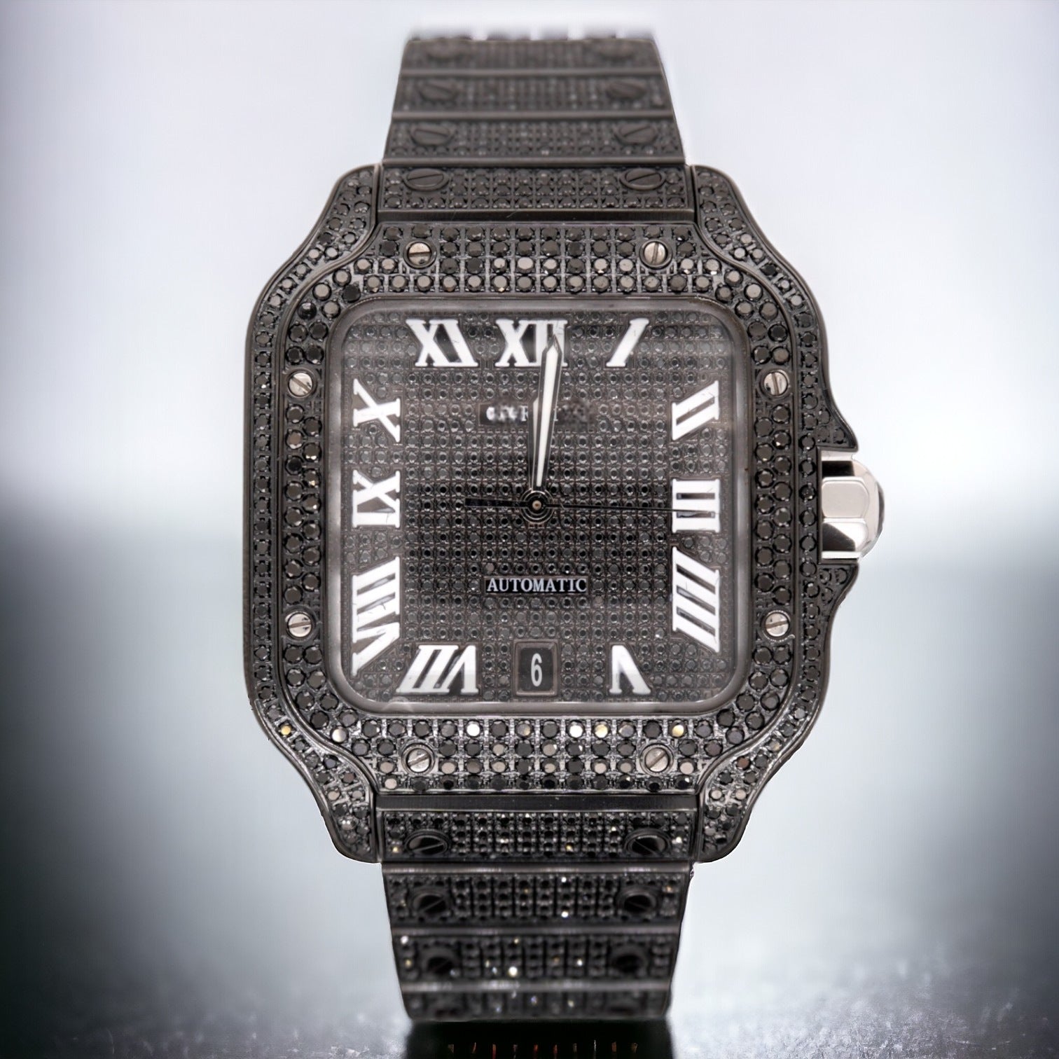 Cartier Santos De Cartier Black PVD Iced Out Diamonds Roman Dial - Custom Pavé