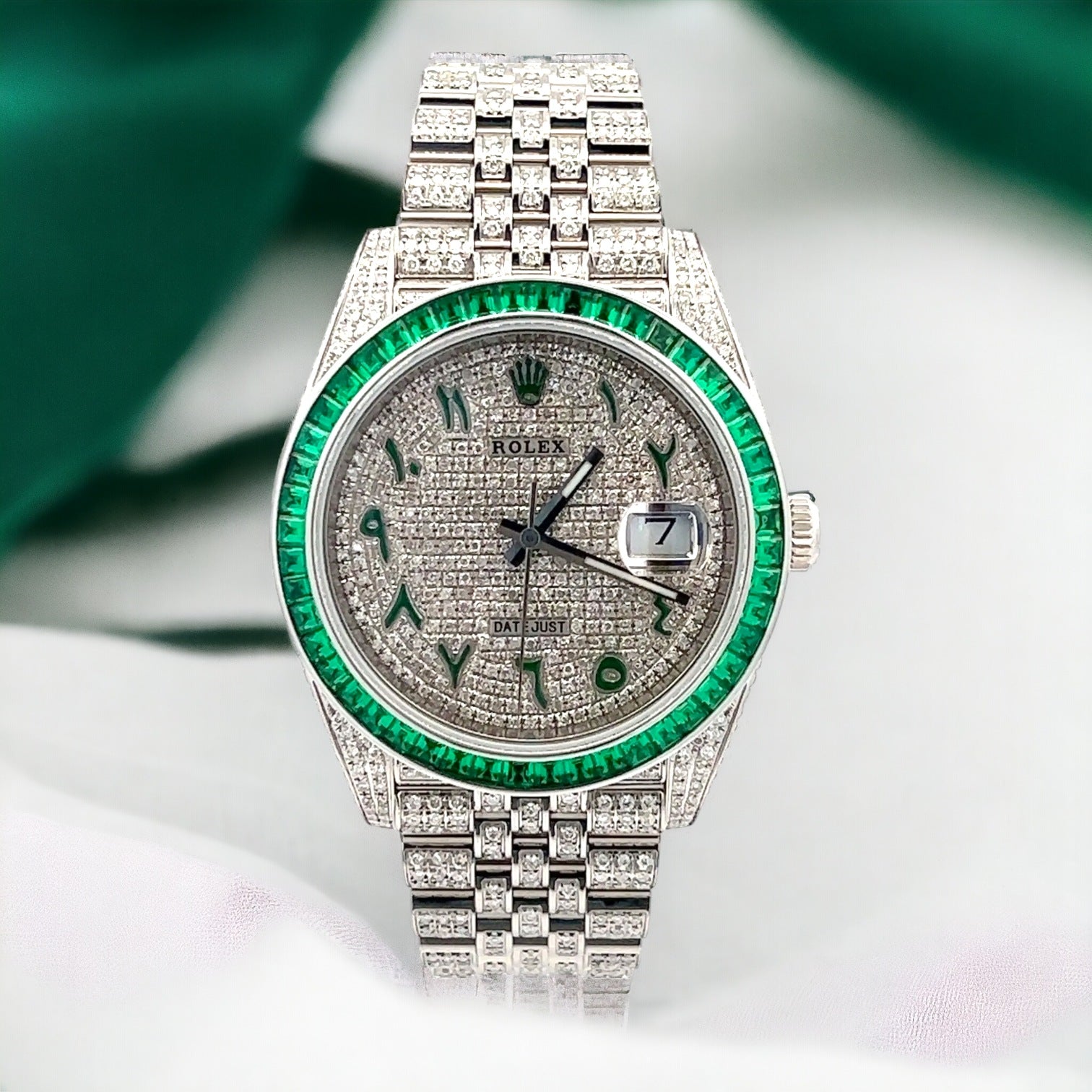 Rolex - Datejust 41 Full Iced out –  emerald bezel - green arabic dial