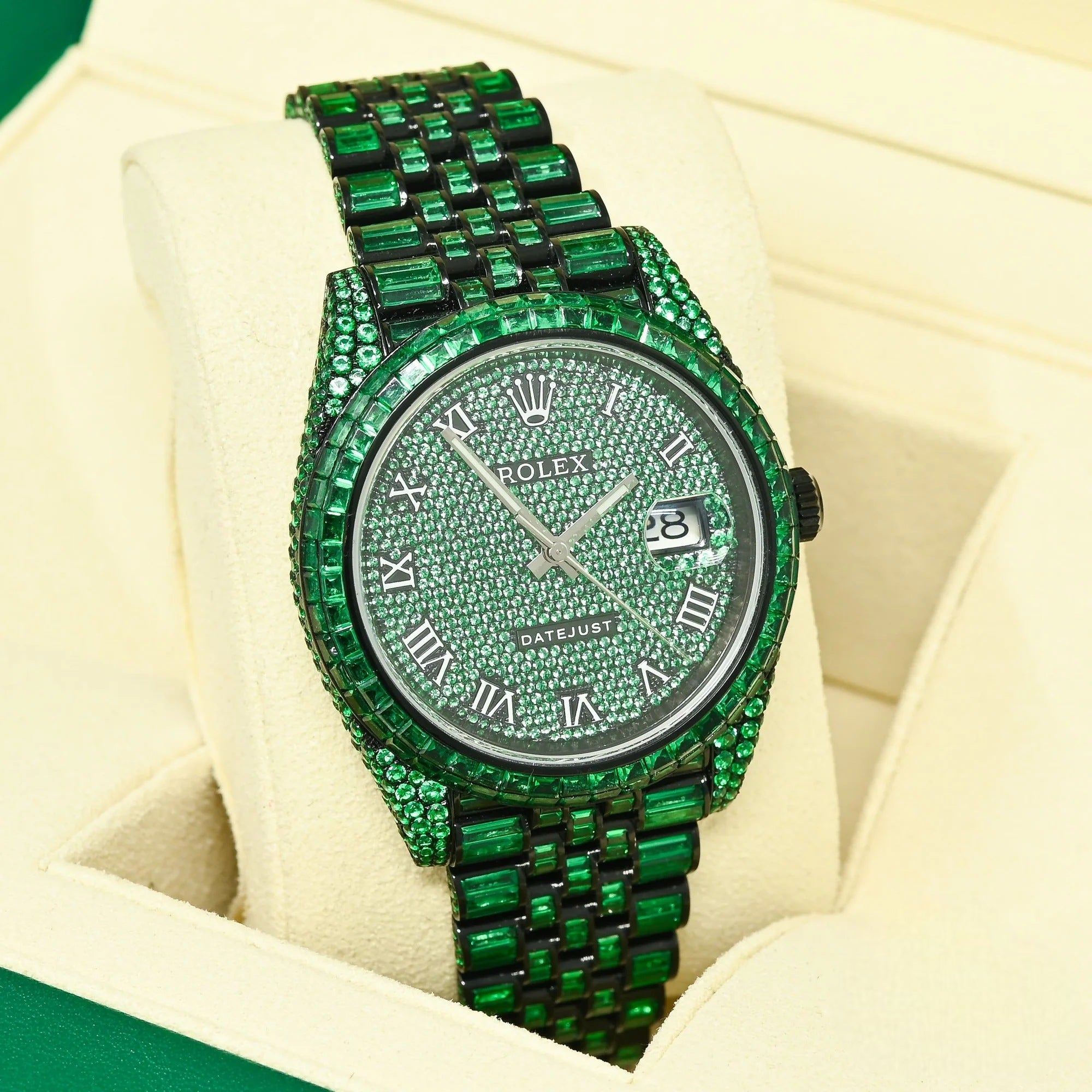 Rolex Datejust 41 Full Iced out Diamonds Green Emeralds Roman