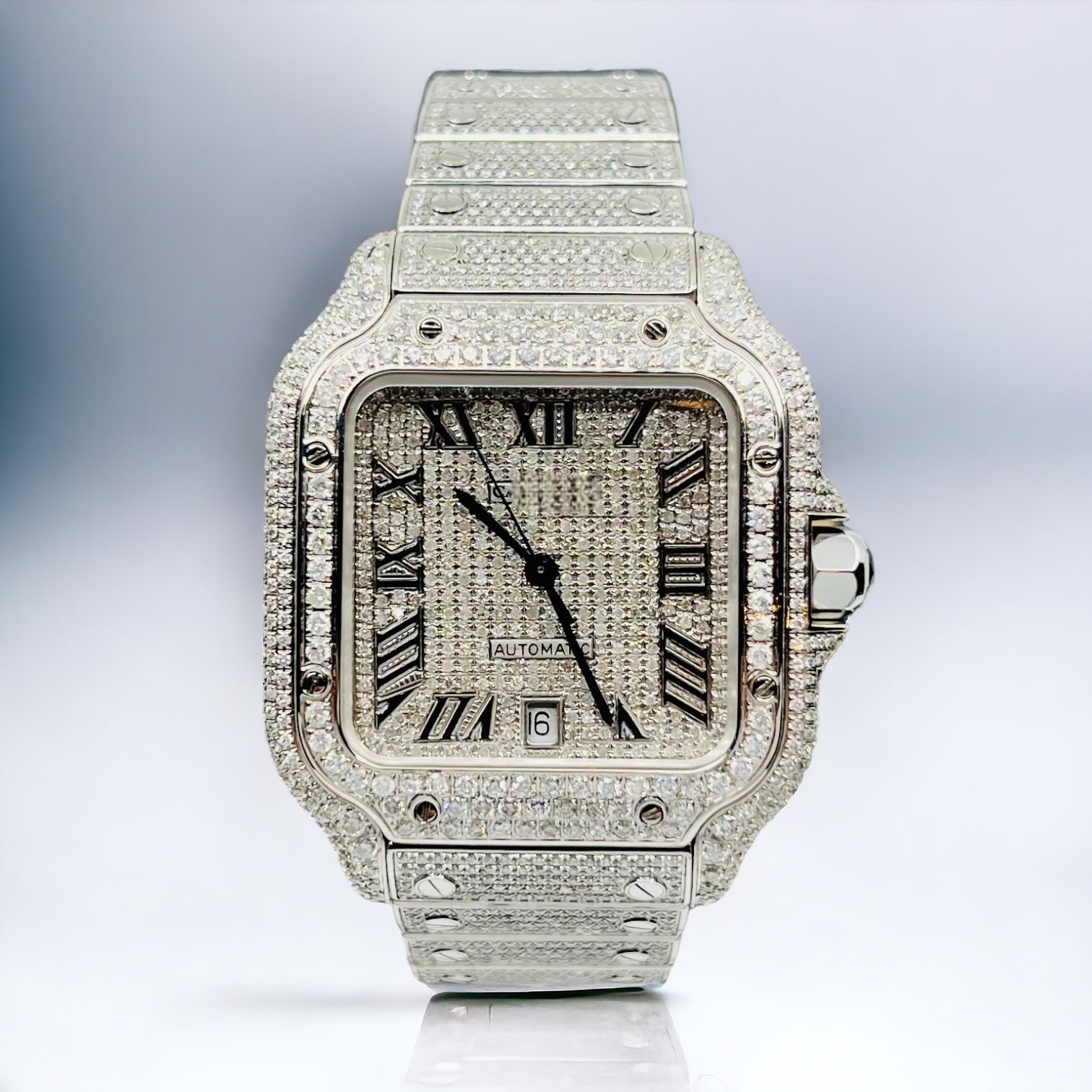 Santos 40mm Large Model Steel Watch Roman Iced Out Diamonds - Custom