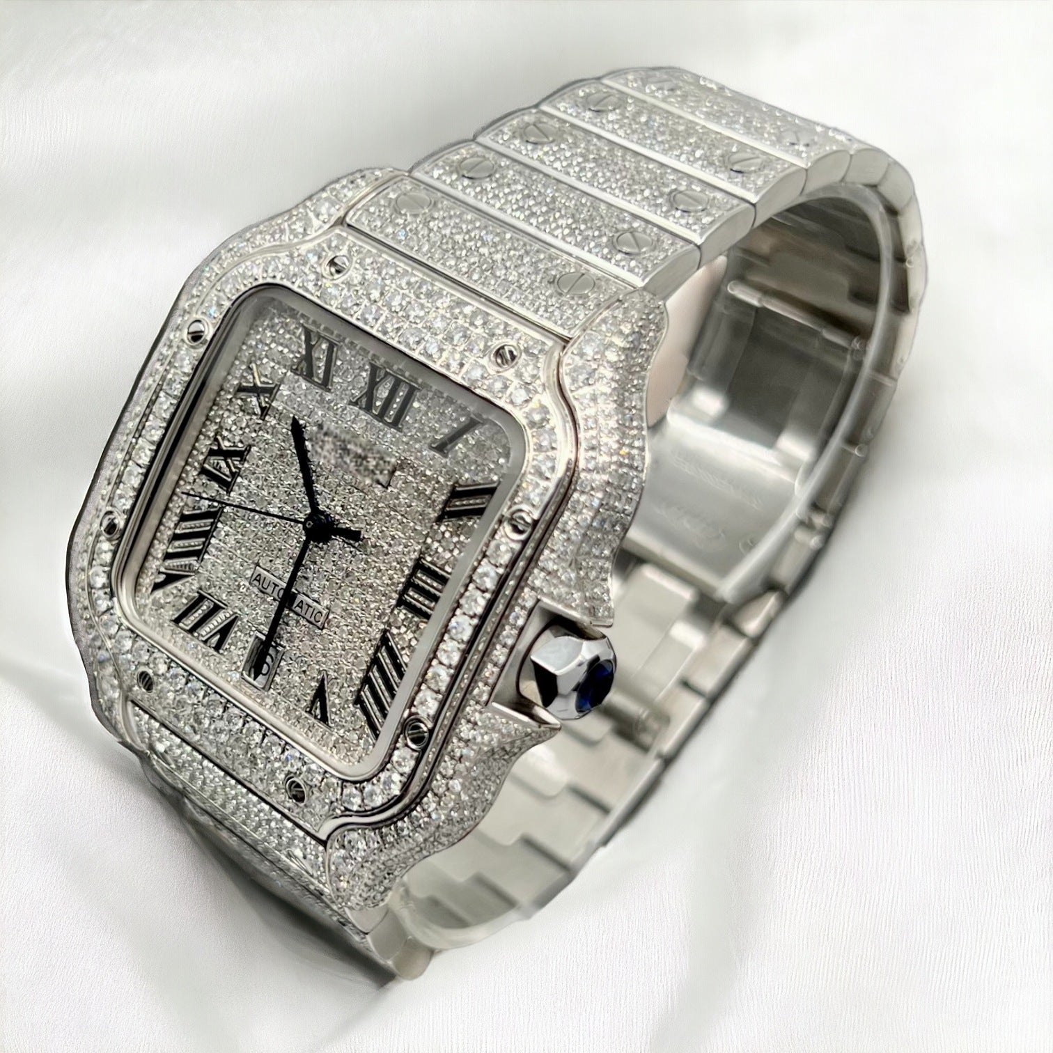 Santos 40mm Large Model Steel Watch Roman Iced Out Diamonds - Custom