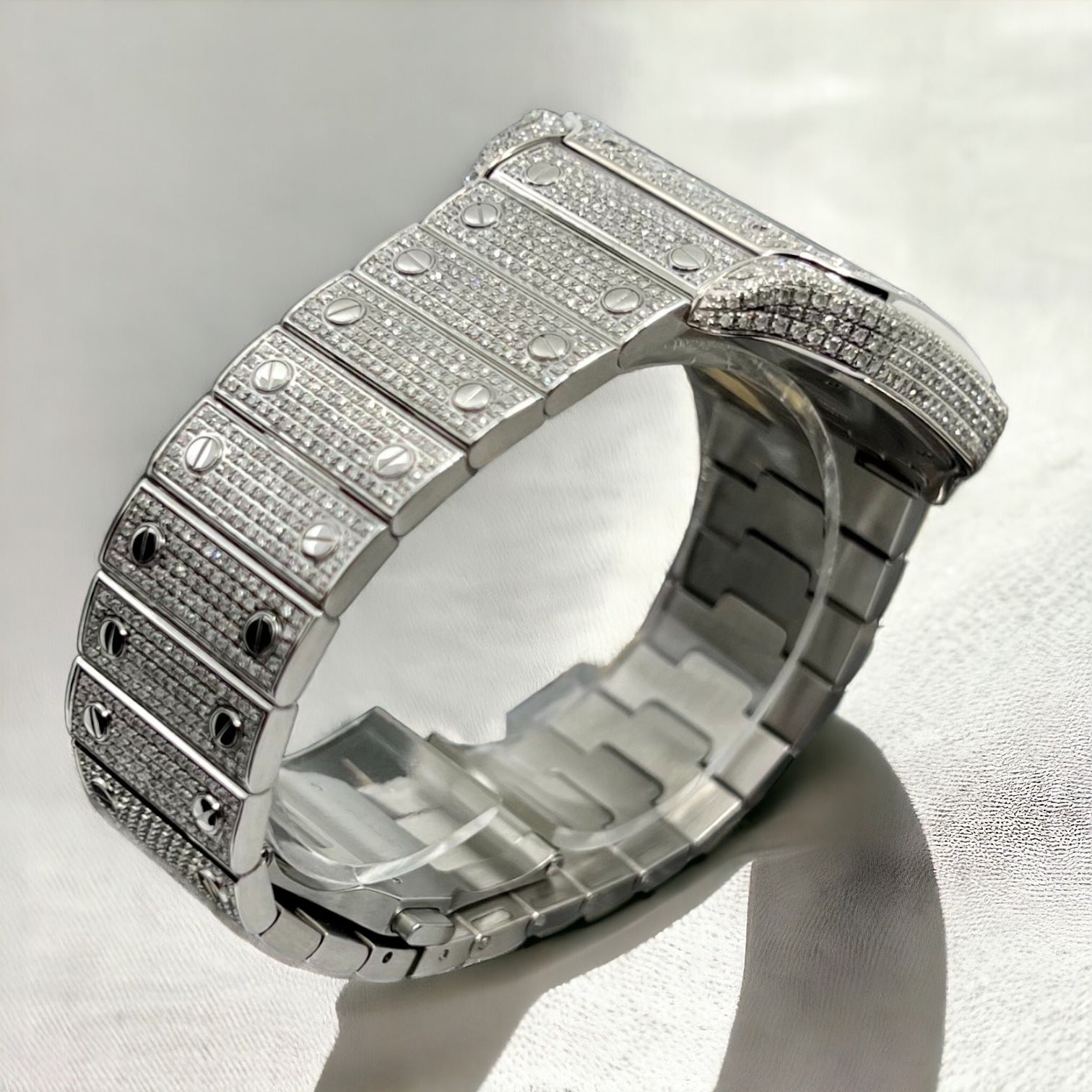 Santos 40mm Large Model Steel Watch Roman Iced Out Diamonds - Custom