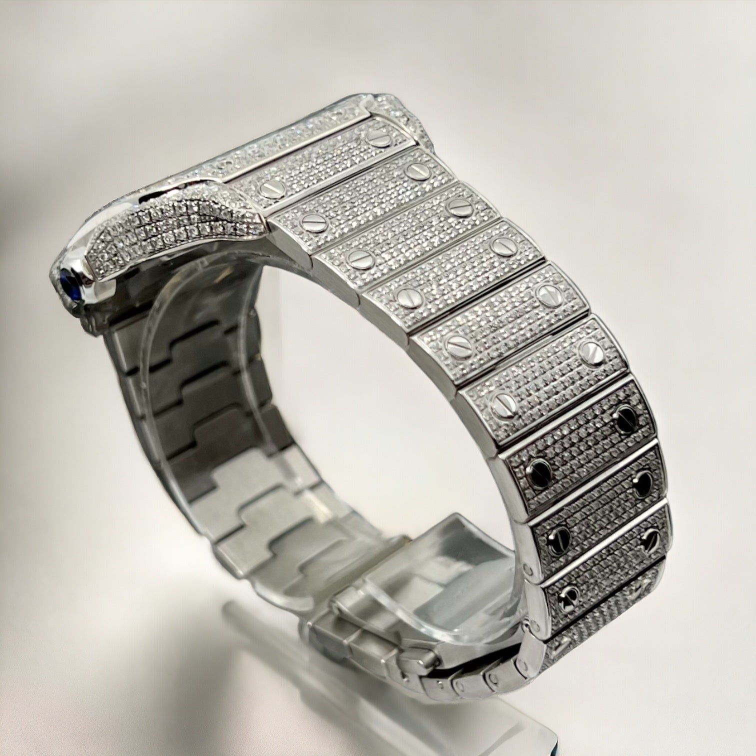 Santos 40mm Large Model Steel Watch Roman Iced Out Diamonds - Custom