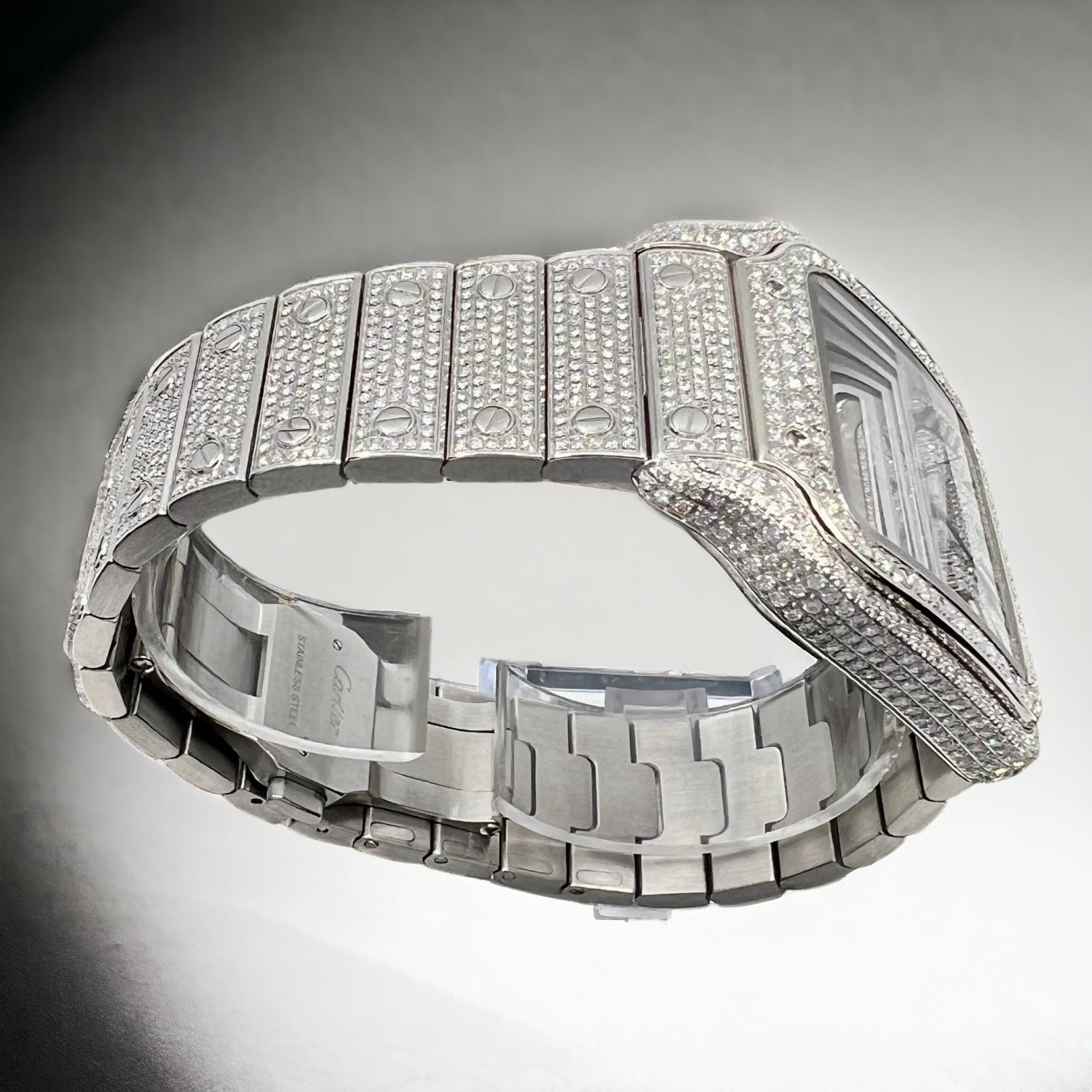 Santos 40mm Large Model Steel Watch Roman Iced Out Diamonds - Custom