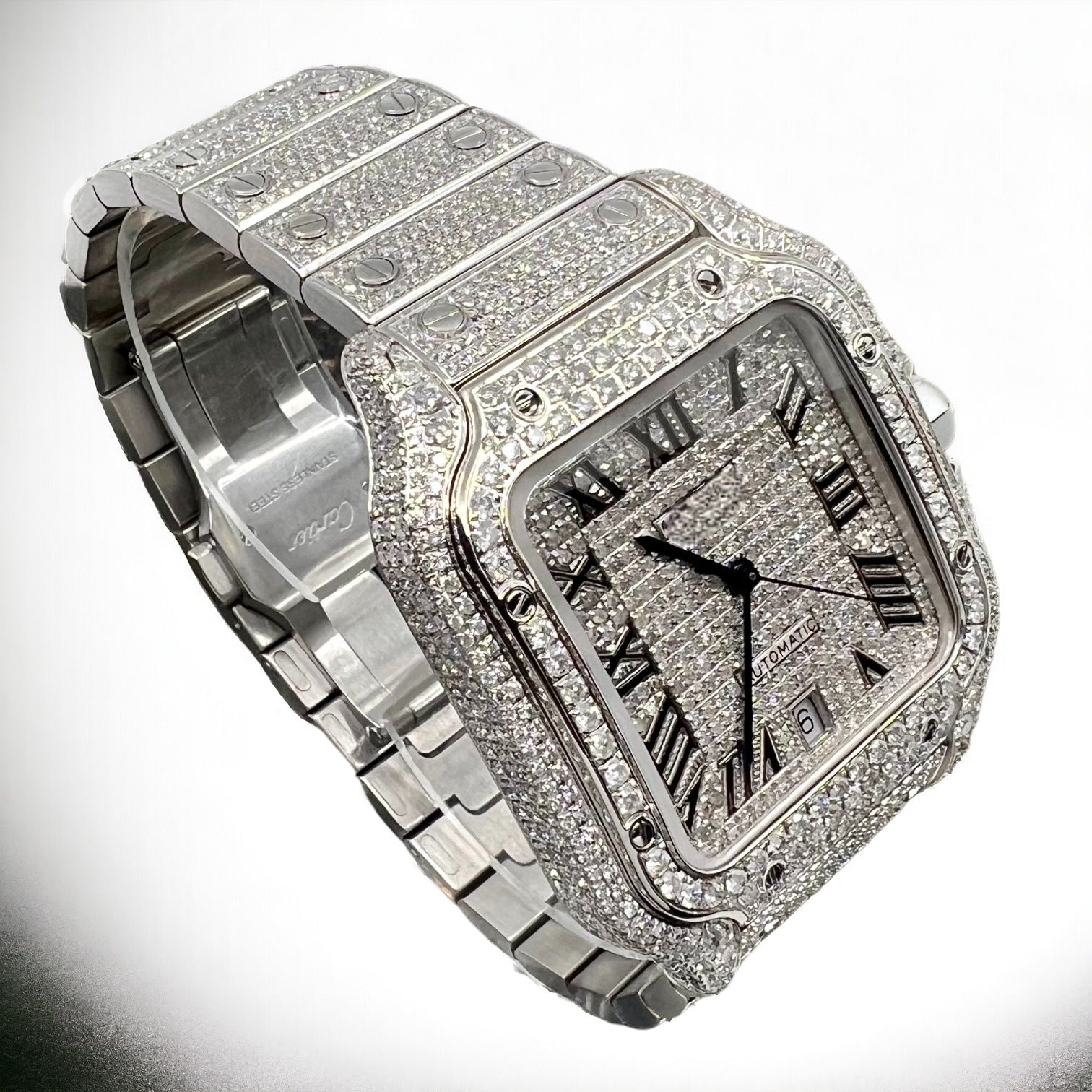 Santos 40mm Large Model Steel Watch Roman Iced Out Diamonds - Custom