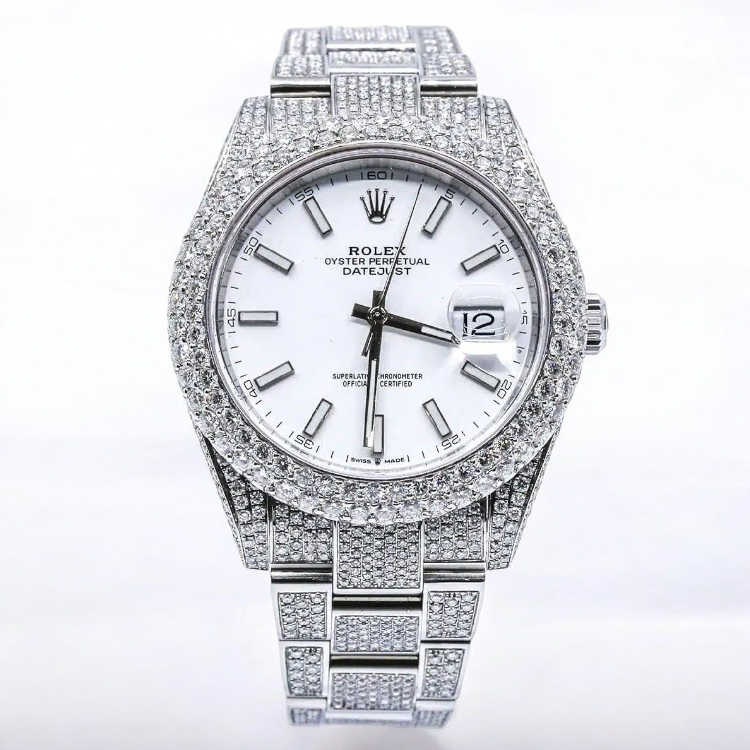 Datejust 41 126300 Iced Out White Stick Dial Oyster Bracelet - Custom