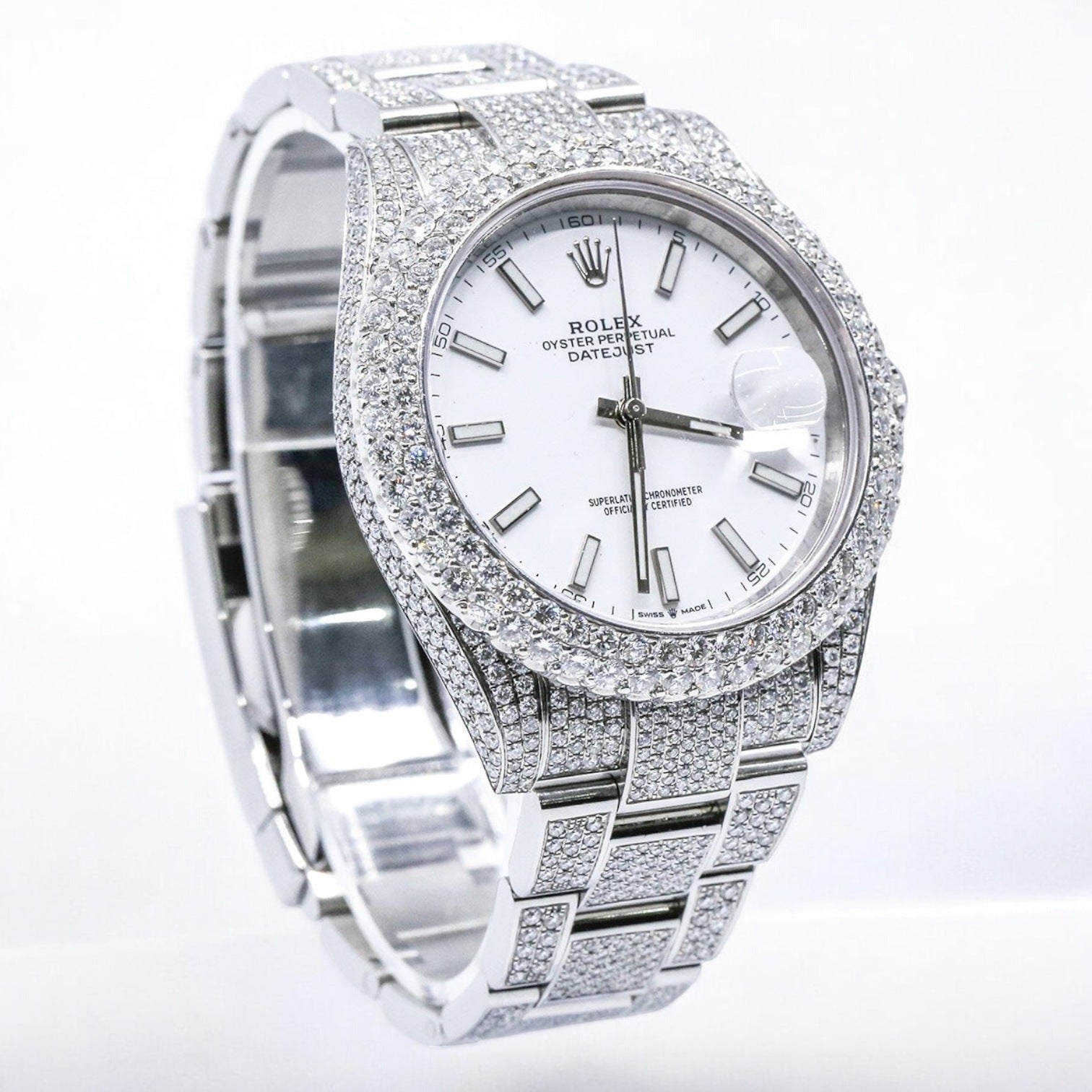 Datejust 41 126300 Iced Out White Stick Dial Oyster Bracelet - Custom