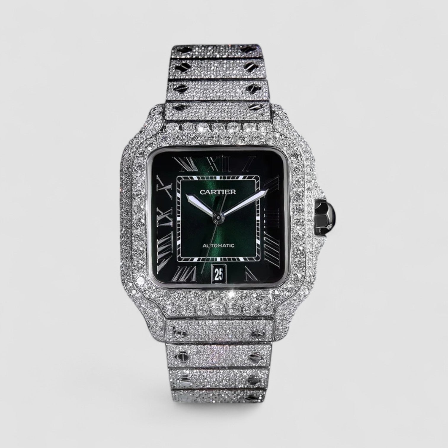 Santos Large – Steel – Custom Diamond-Set with Green Dial Iced Out