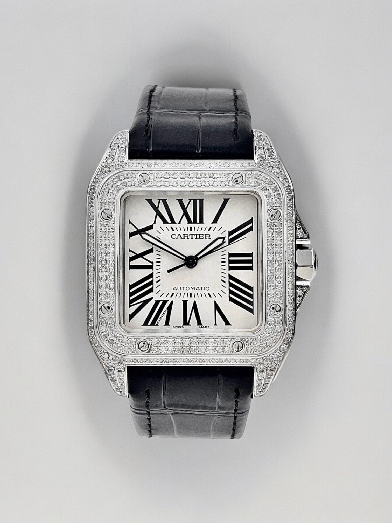 Santos 100 Large Diamond Set White Dial Iced Out