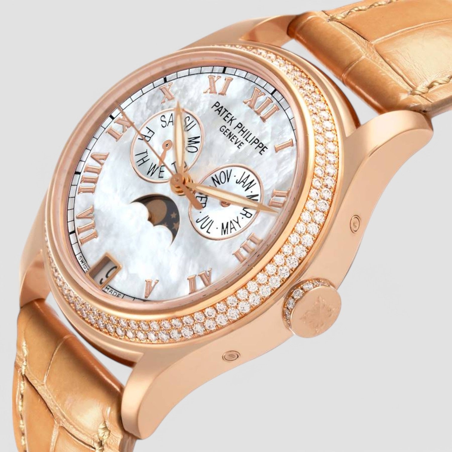 Annual Calendar Rose Gold Mother of Pearl Diamond Mens Watch