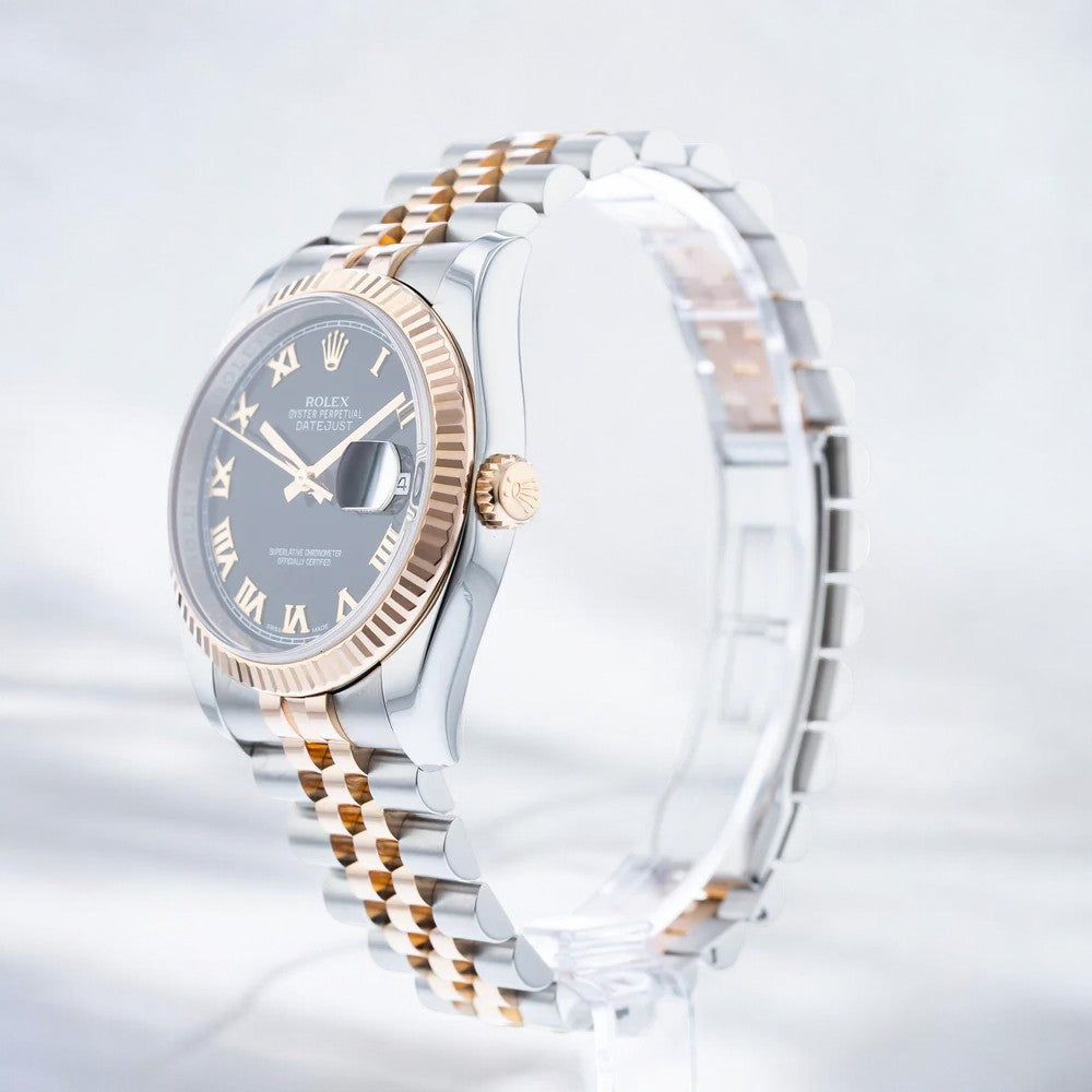 Datejust 36mm Everose Gold & Steel Black Roman Dial and Fluted Bezel