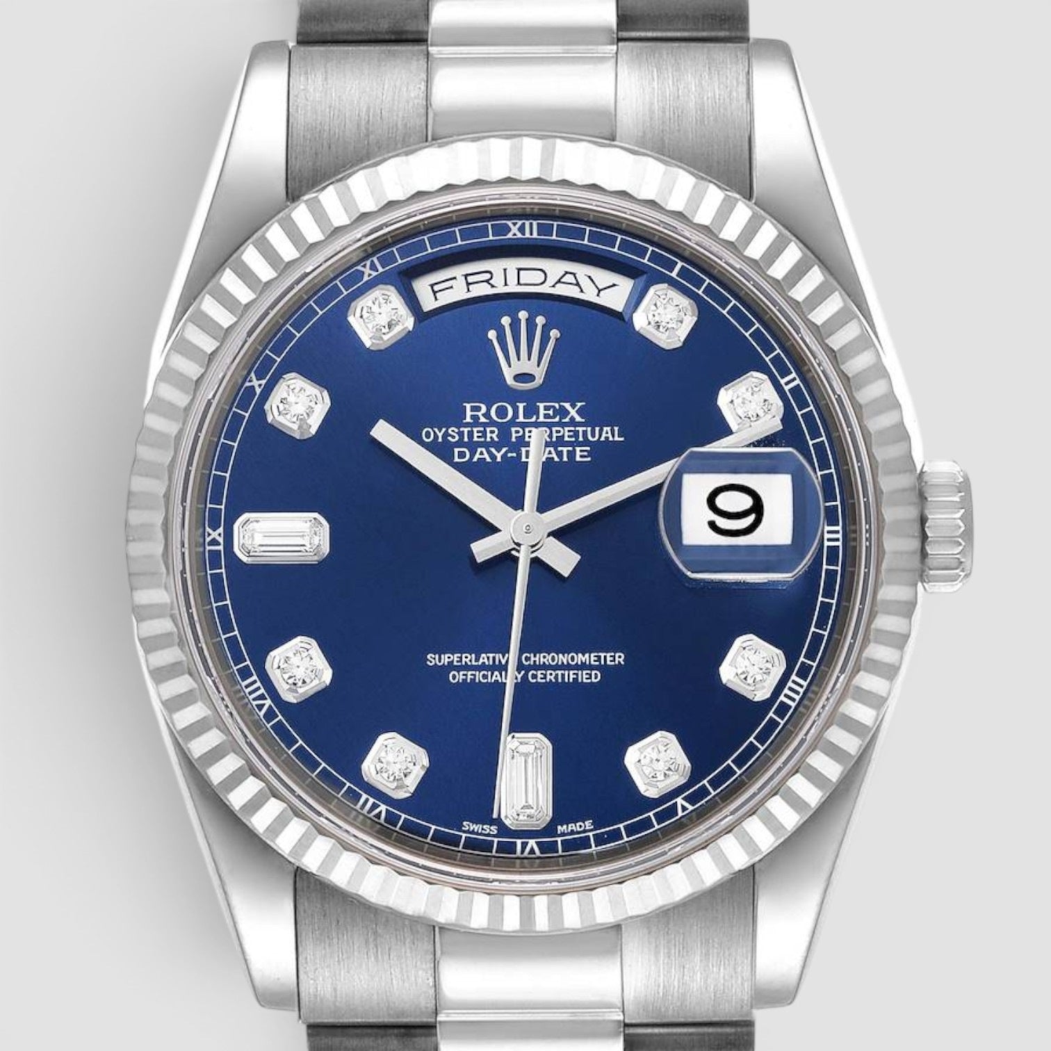 President Day-Date White Gold Blue Diamond Dial Mens Watch