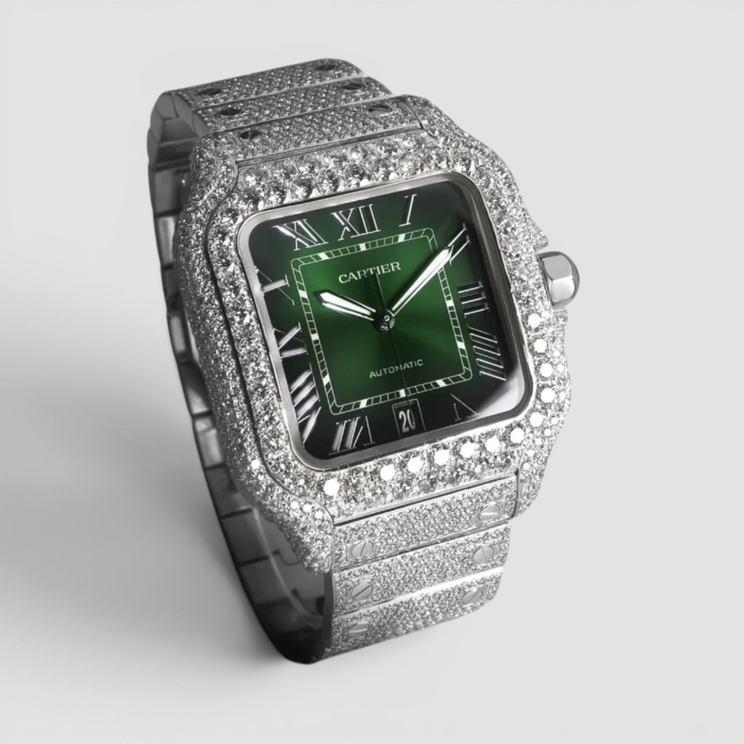 Santos Large – Steel – Custom Diamond-Set with Green Dial Iced Out