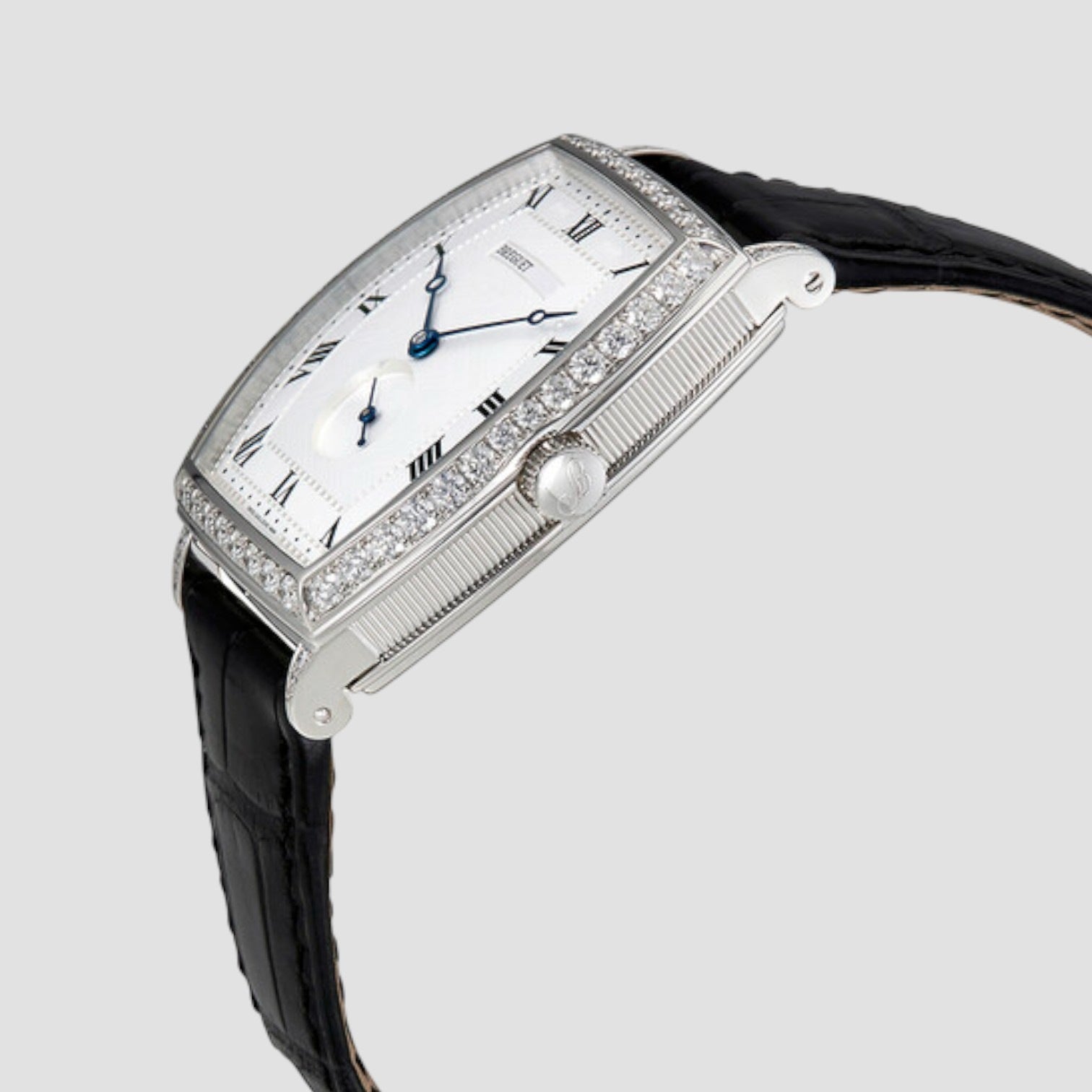 Heritage Silver Dial 18kt White Gold Diamond Black Leather Ladies Watch