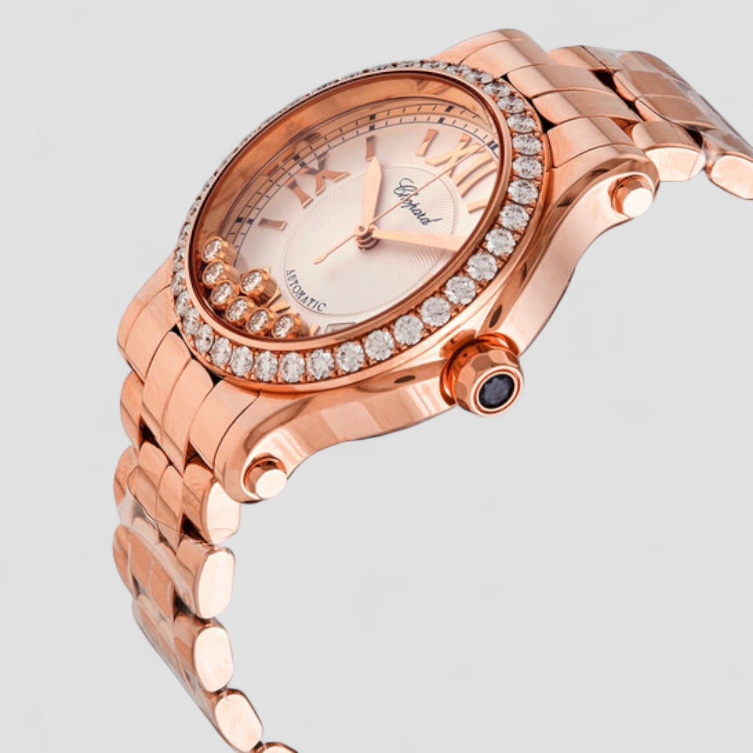 Happy Sport Silver Guilloche Dial 18 Carat Rose Gold Ladies Watch