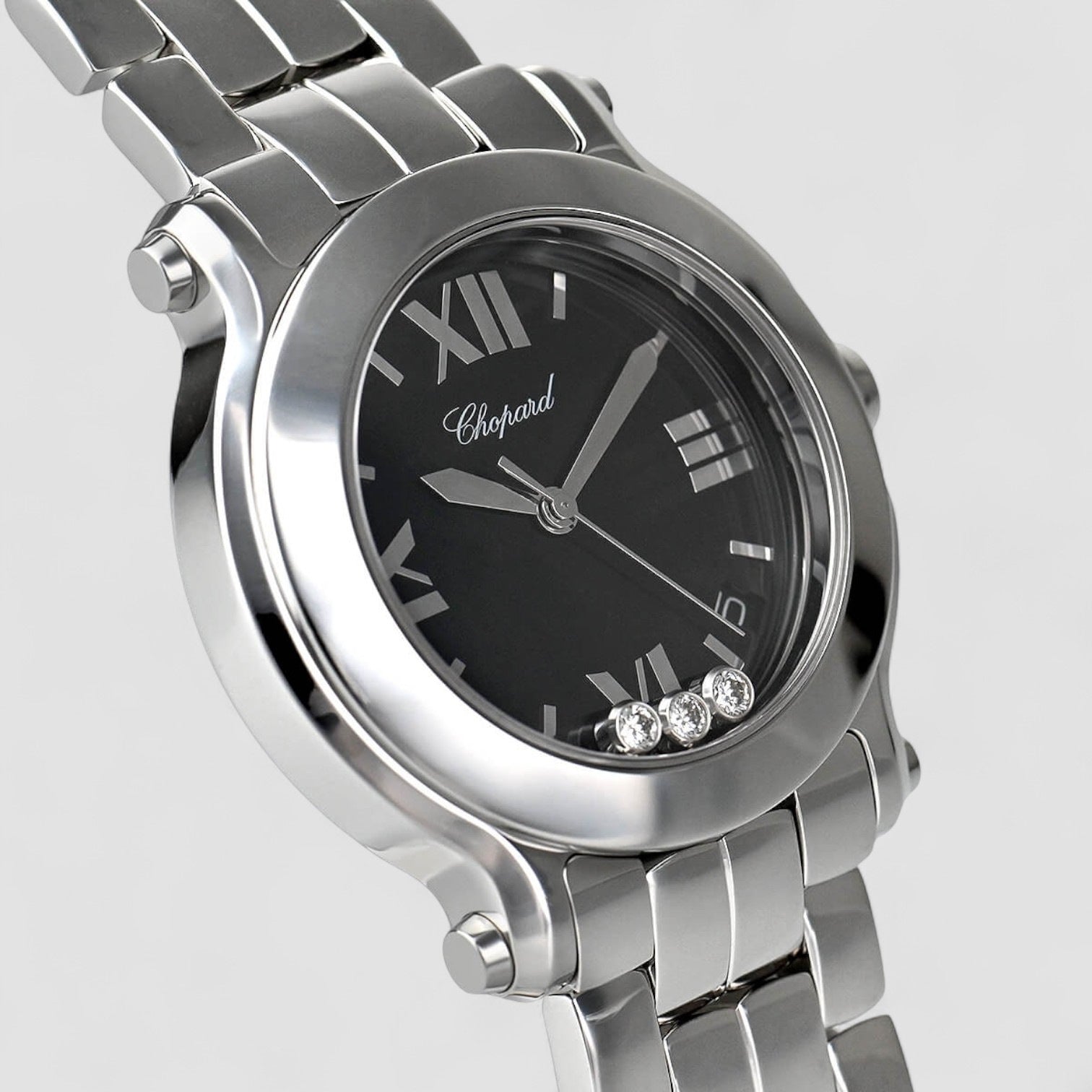 Happy Sport Black Dial with Three Floating Diamonds Ladies Watch