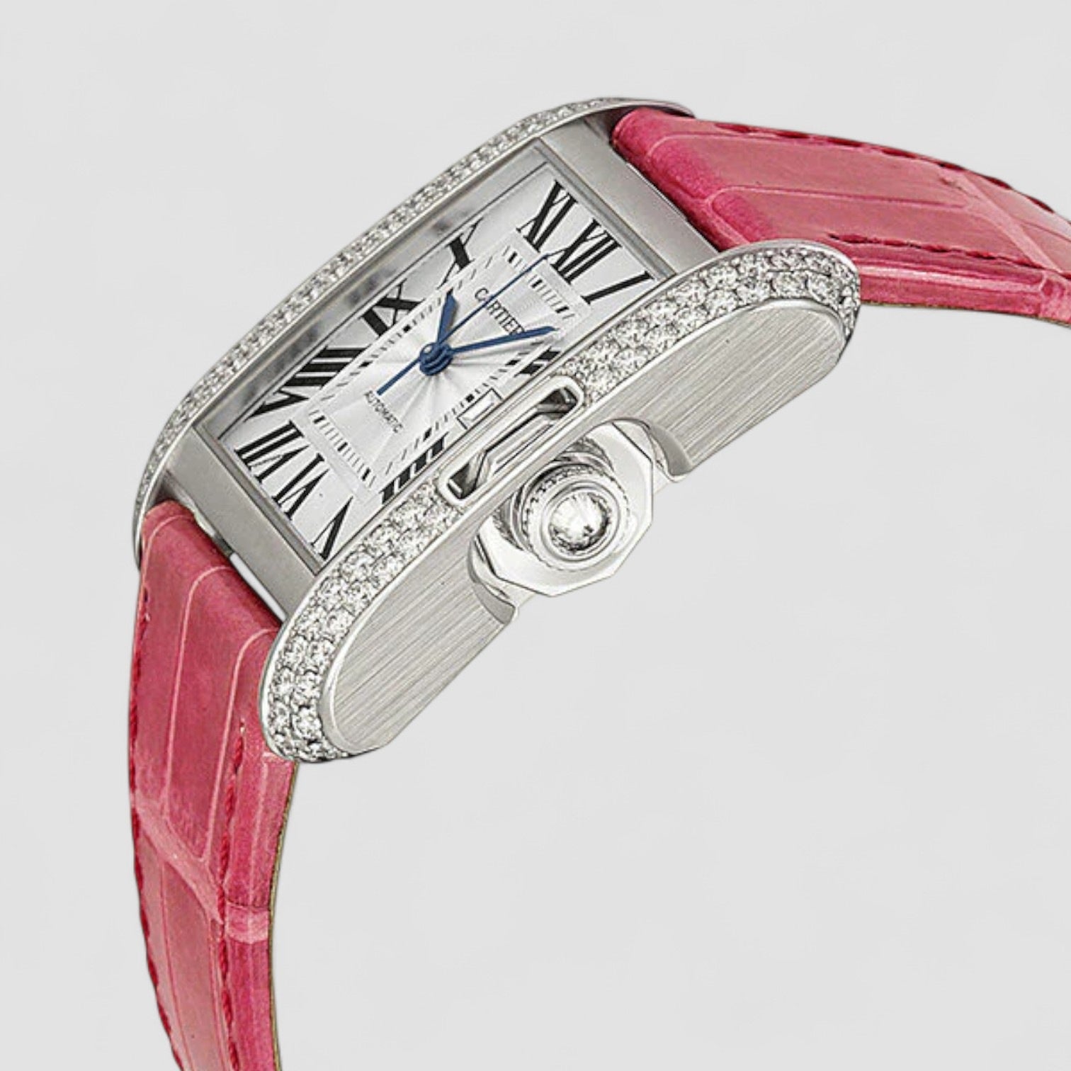Tank Anglaise Large 18k White Gold Diamond Bezel Pink Leather Watch