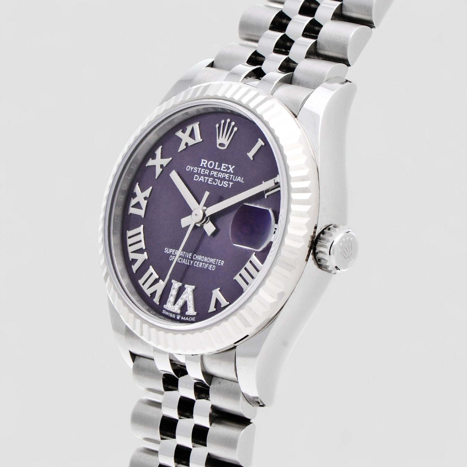 Datejust 31 Stainless Steel and White Gold Aubergine Roman Diamond Dial Women's Watch
