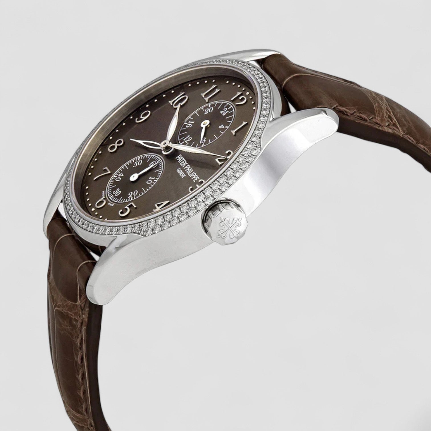 Calatrava Travel Time 18k White Gold Diamond Bezel
