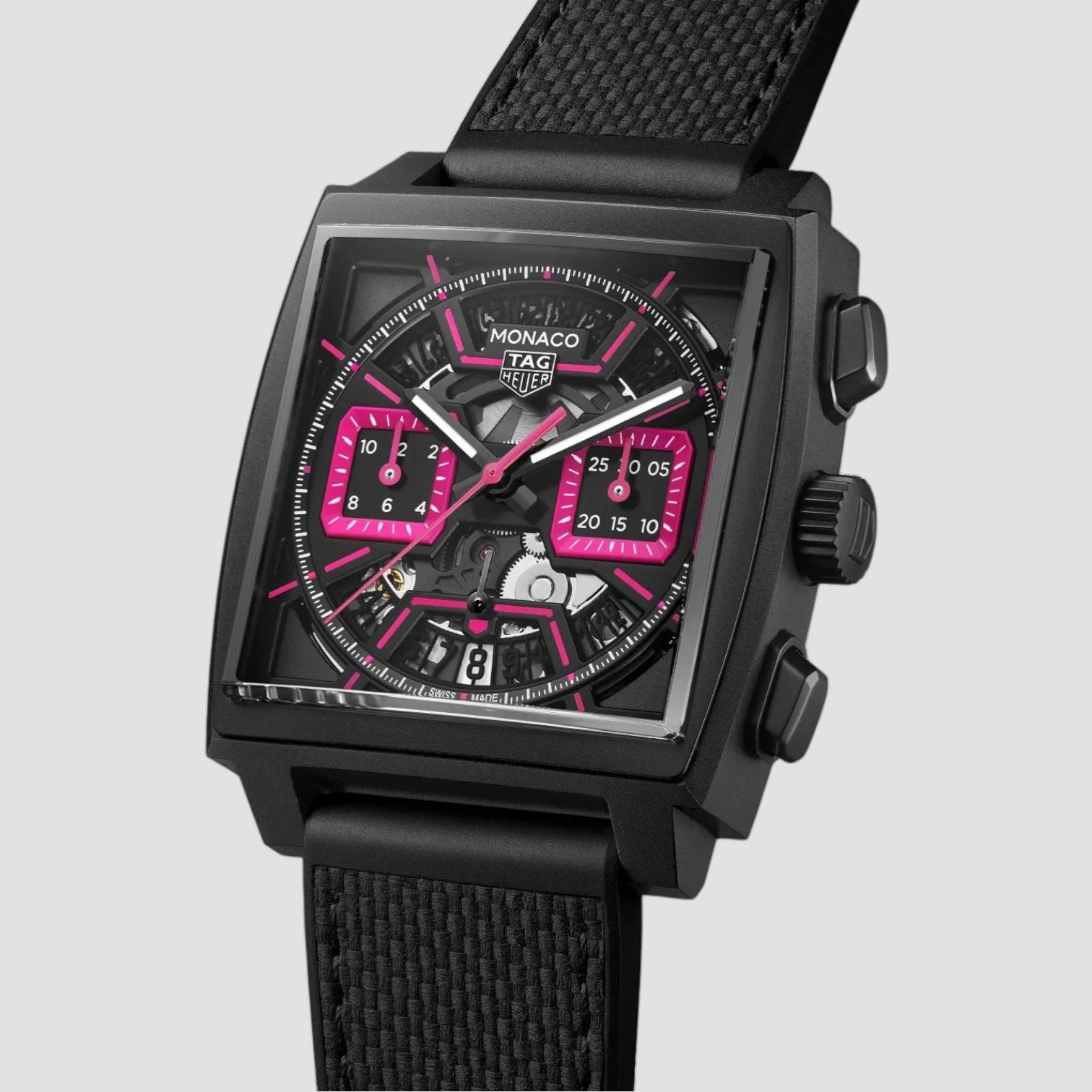 Monaco Chronograph Automatic Black Skeleton Dial Rubber Strap Men's Watch