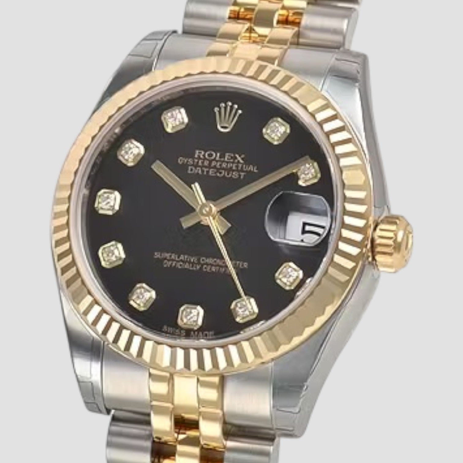 Datejust Midsize Steel Yellow Gold Black Diamond Dial Ladies Watch
