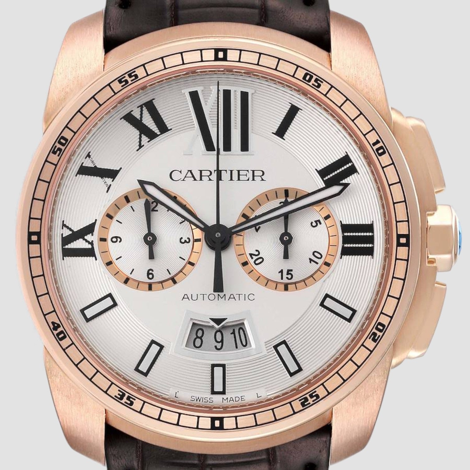 Calibre Silver Dial Rose Gold Chronograph Mens Watch