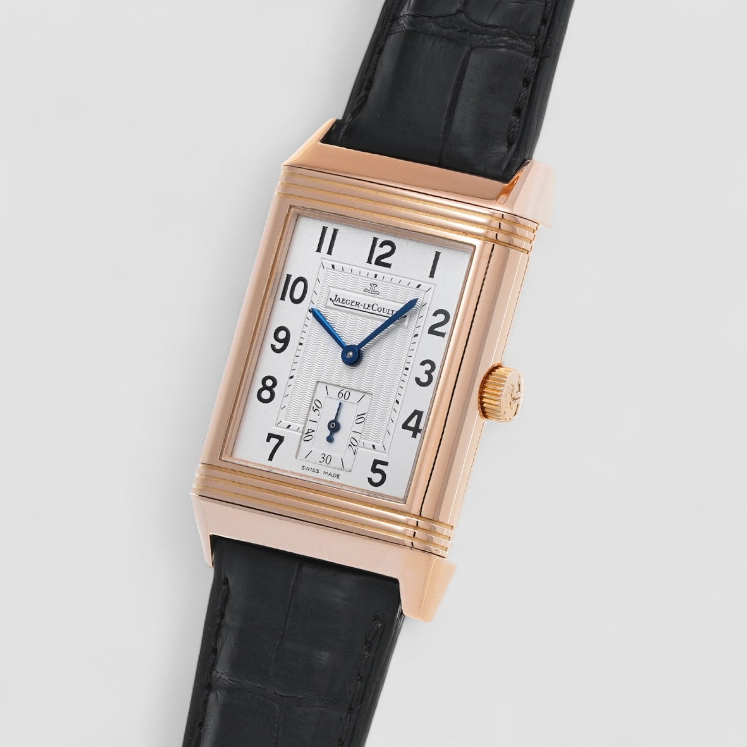 Reverso Grande Taille Silver Dial Black Leather Men's Watch
