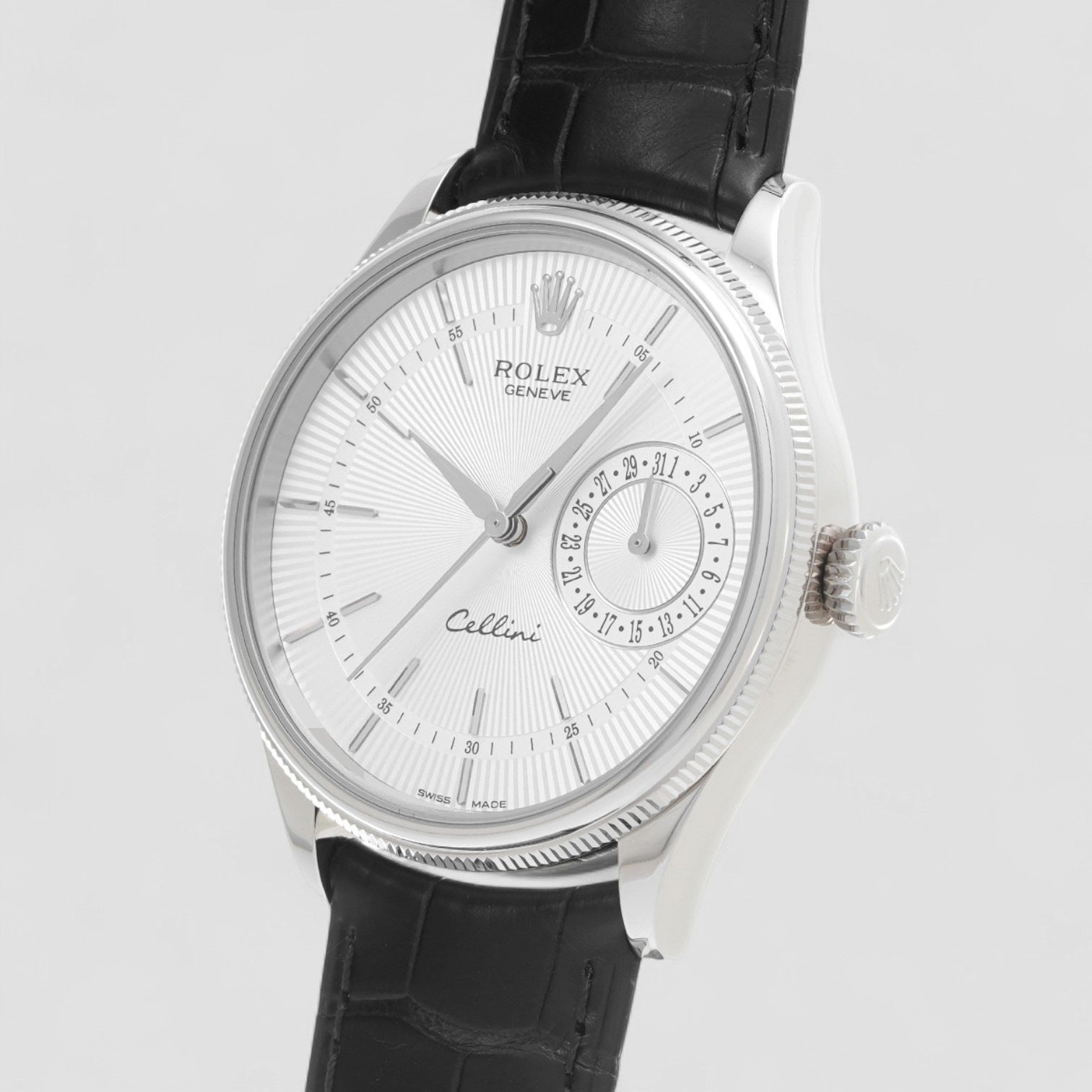 Cellini Date White Gold Silver Guilloche Index Dial