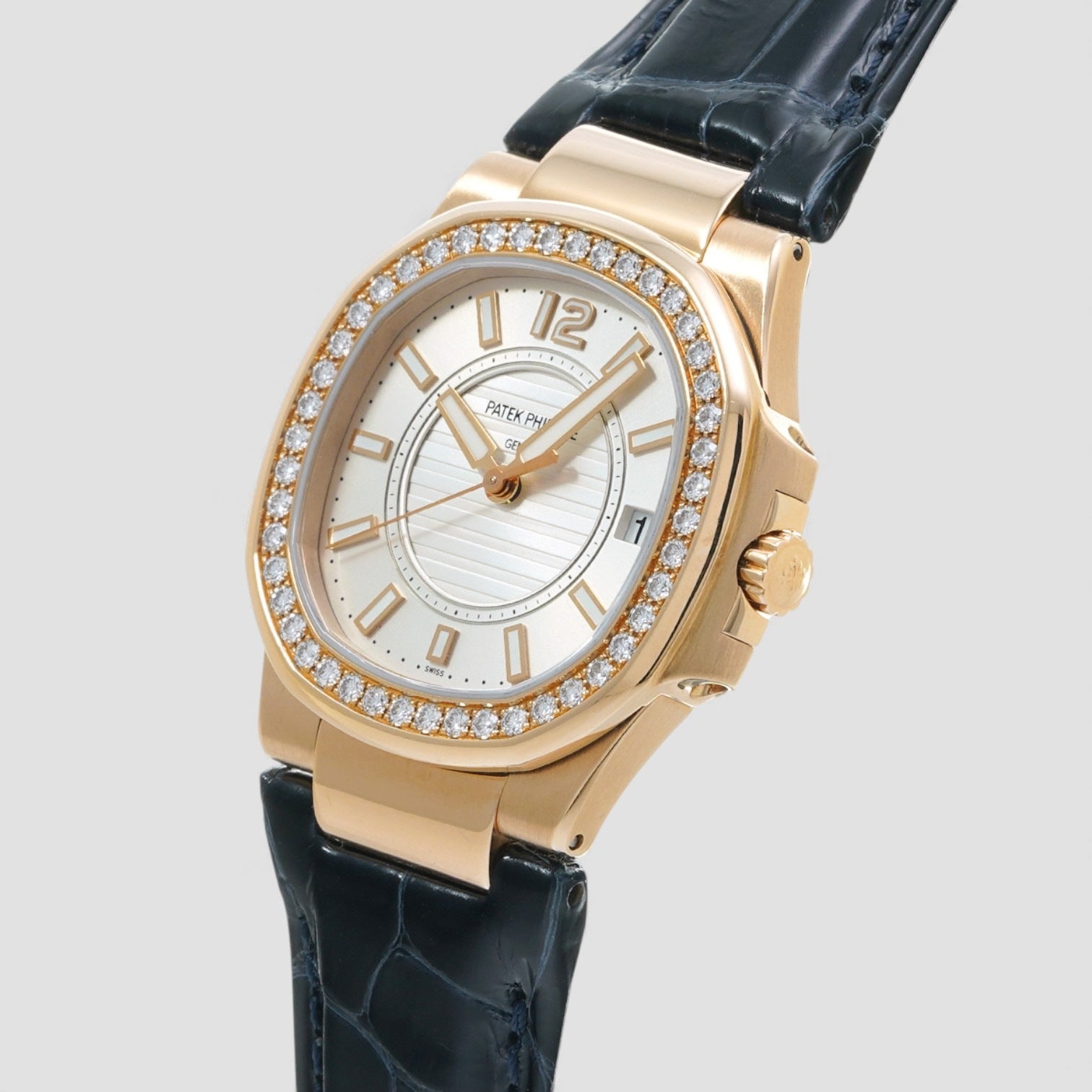 Nautilus White Dial Black Leather Strap Ladies Watch