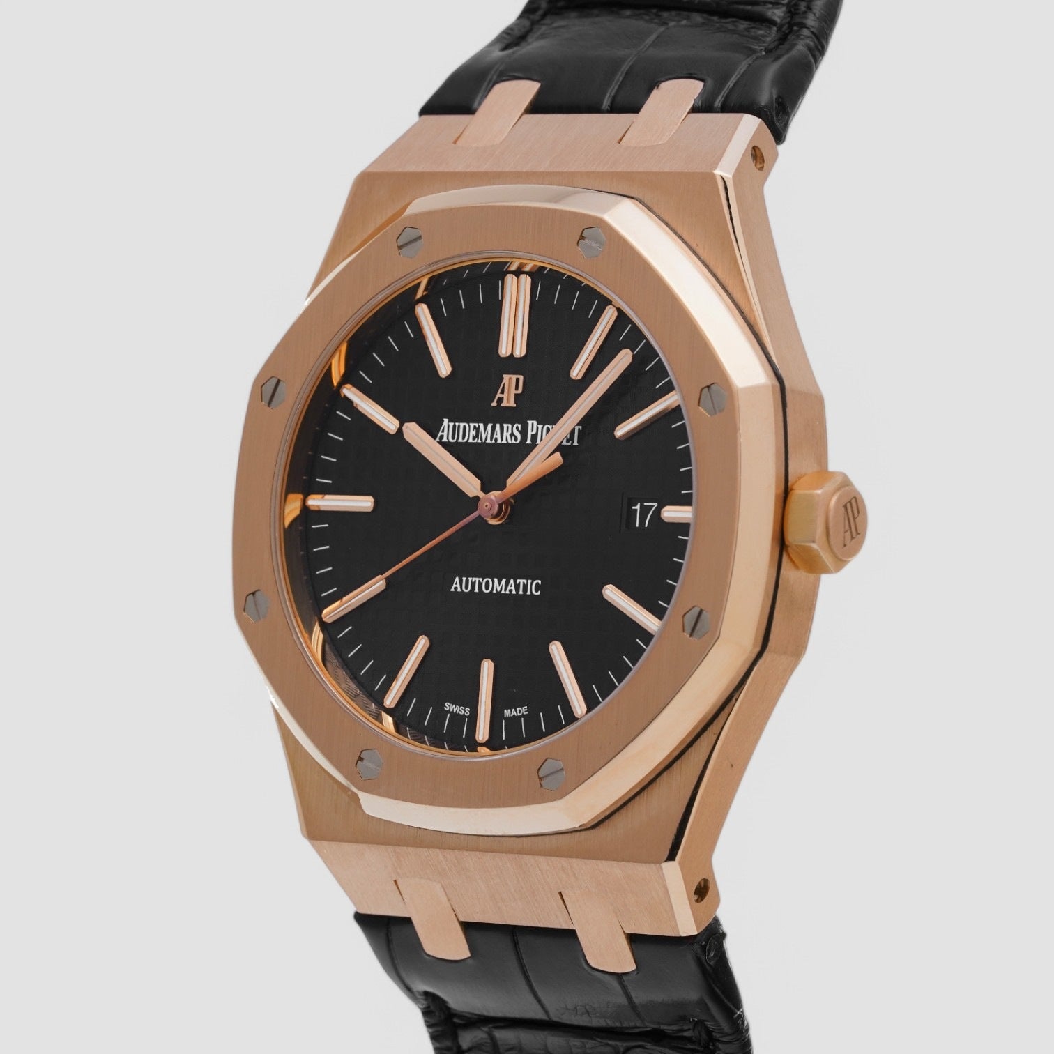 Royal Oak Black Dial 18K Rose Gold/Rubber Strap