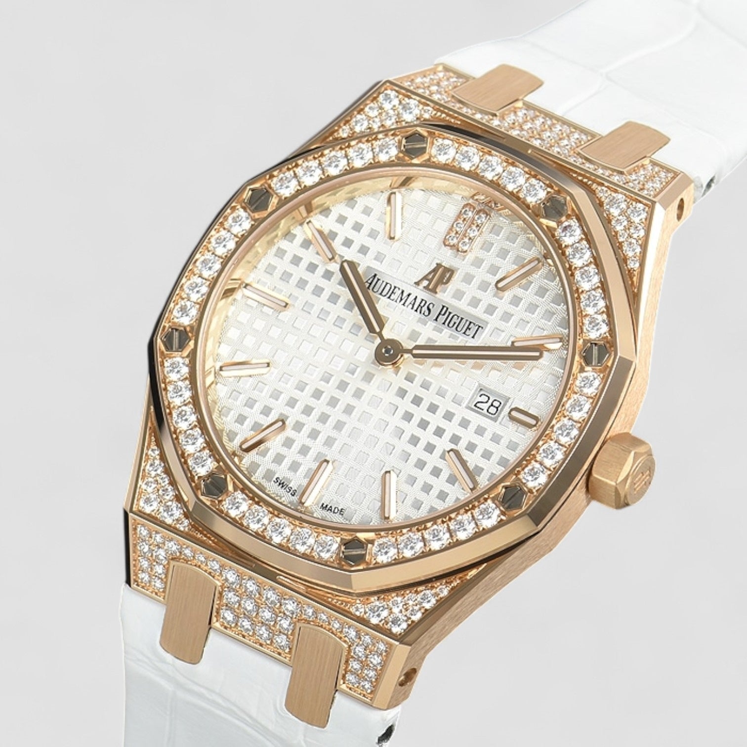 Royal Oak Quartz Ladies Rose Gold Silver Index Diamond Bezel 33mm