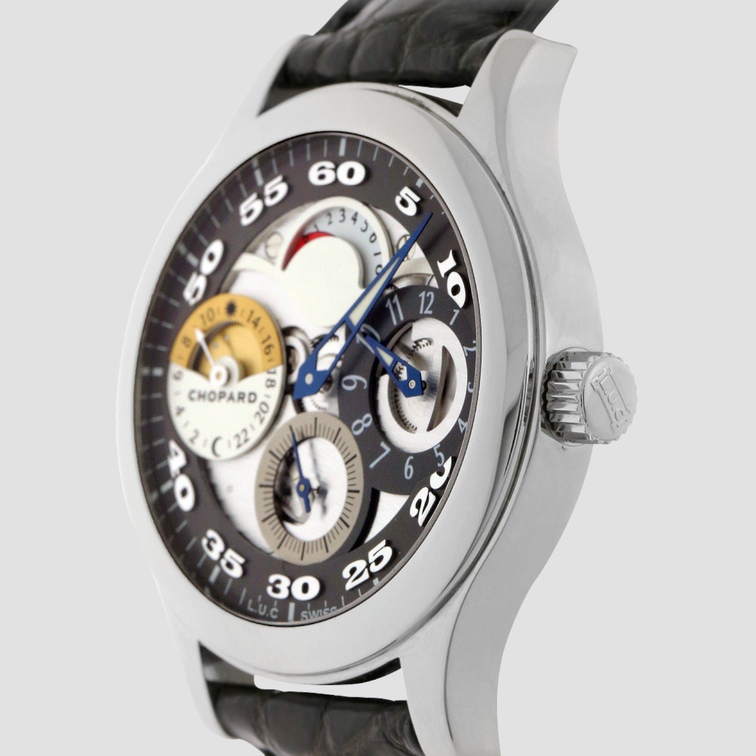 L.U.C Rregulator Semi Skeleton Dial Black Leather Men's Watch