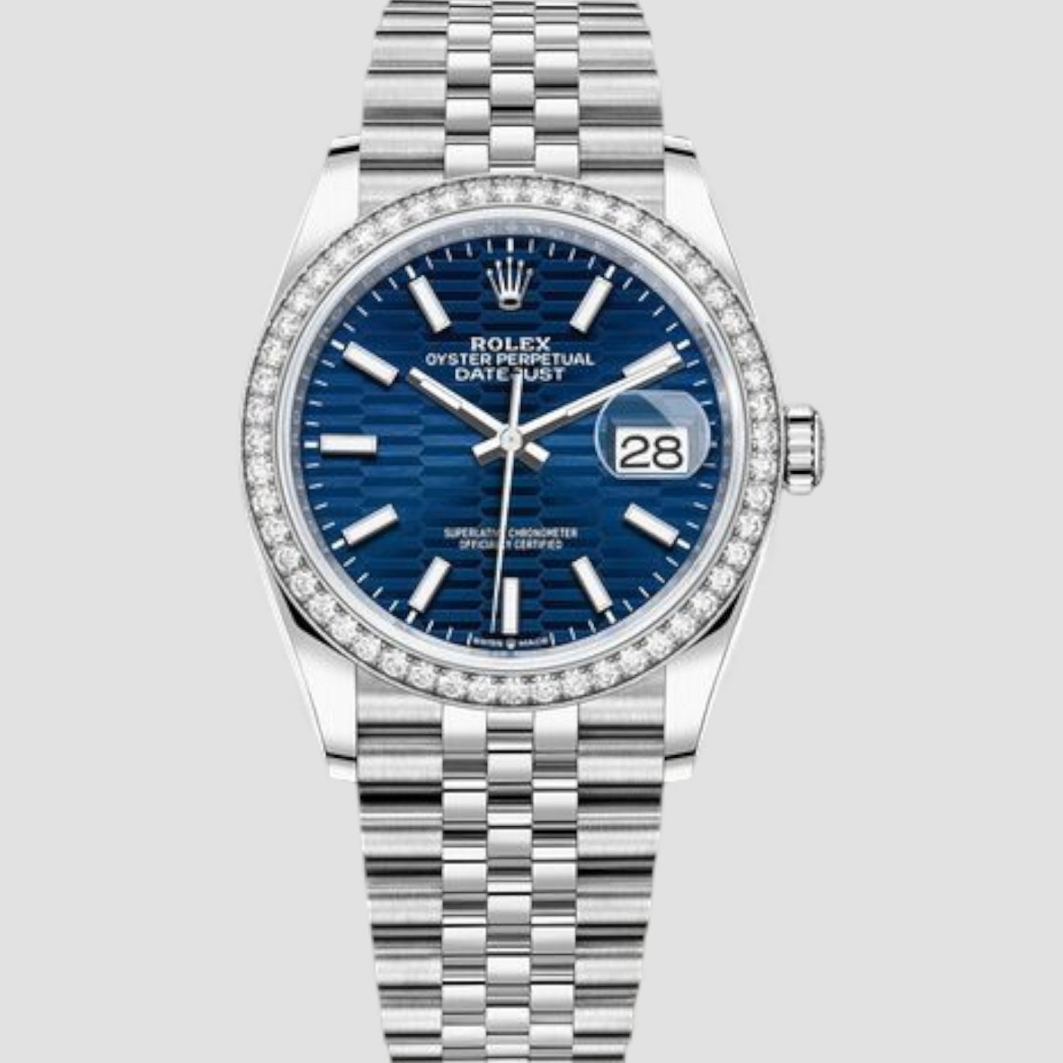 Datejust 36 White Rolesor Bright Blue Fluted Diamond Bezel