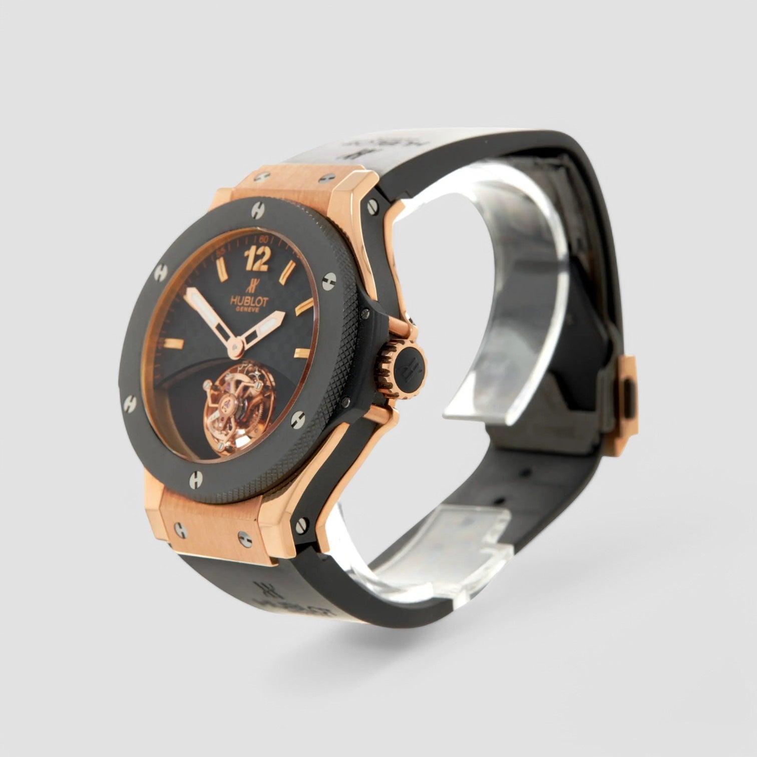Tourbillon Solo Bang Black Carbon Fiber Dial 18kt Rose Gold Black Rubber Men's Watch