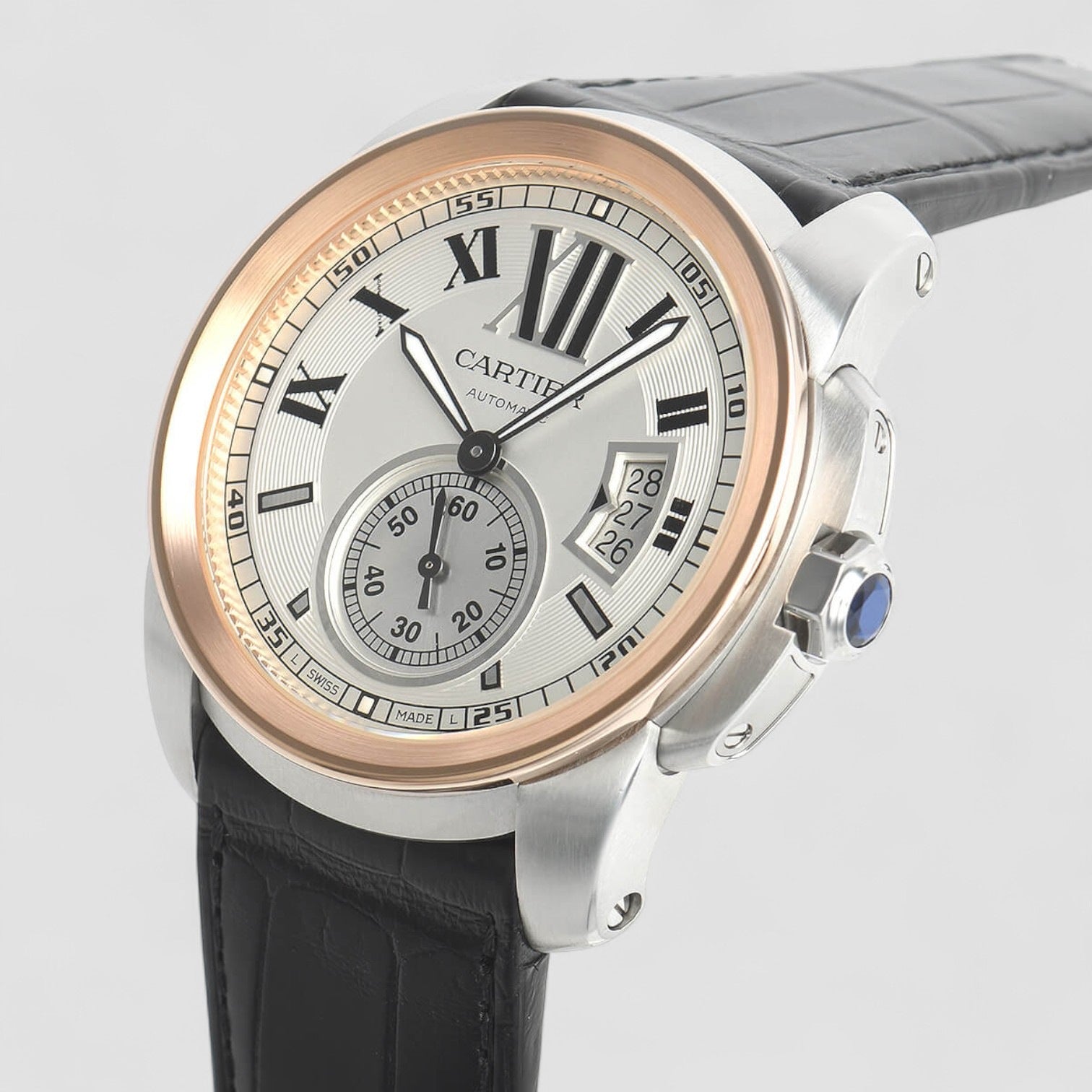Calibre Steel Rose Gold Silver Dial Mens Watch