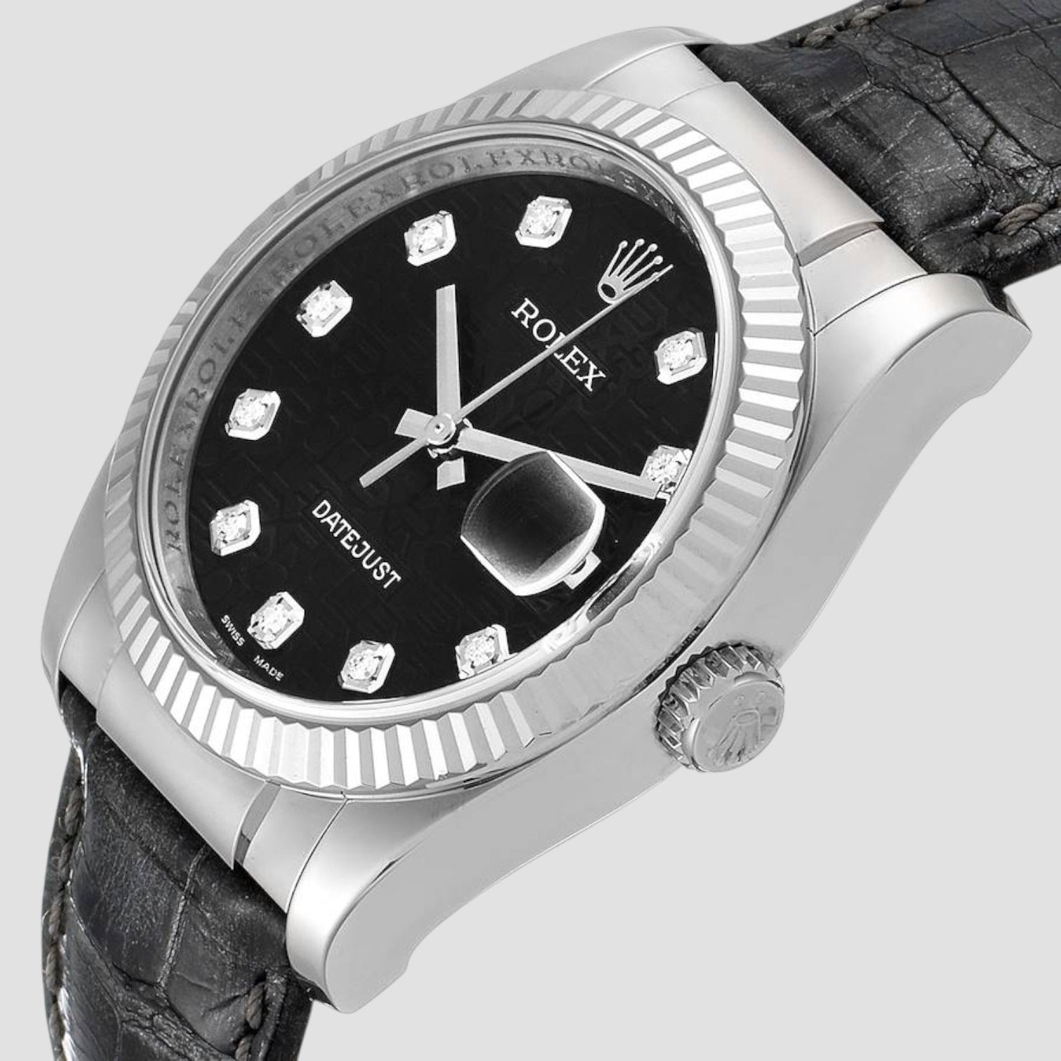 Datejust 36 White Gold Diamond Dial Black Strap Mens Watch