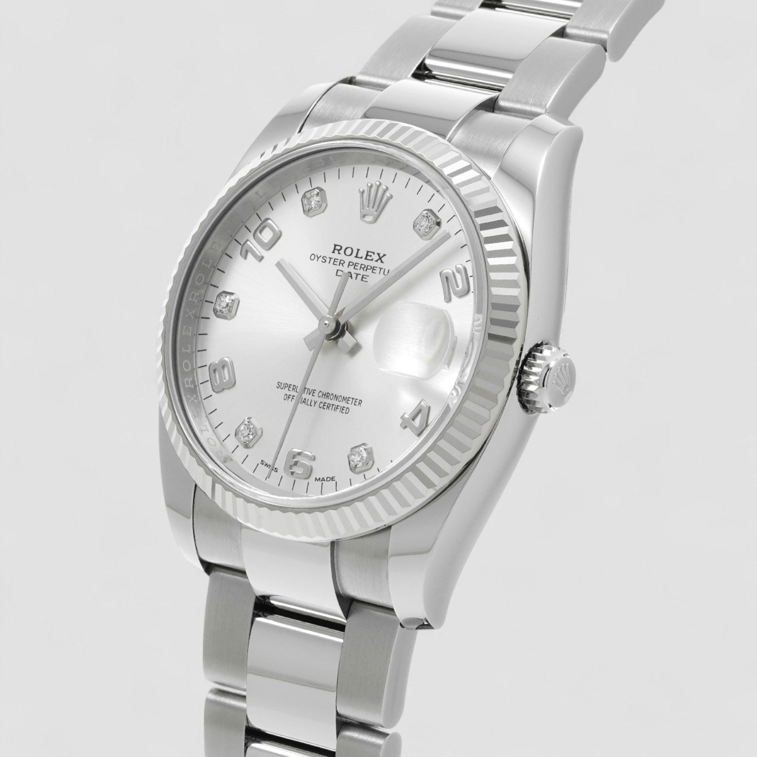 Oyster Perpetual Date 34mm Silver Diamond Dial Oyster Bracelet